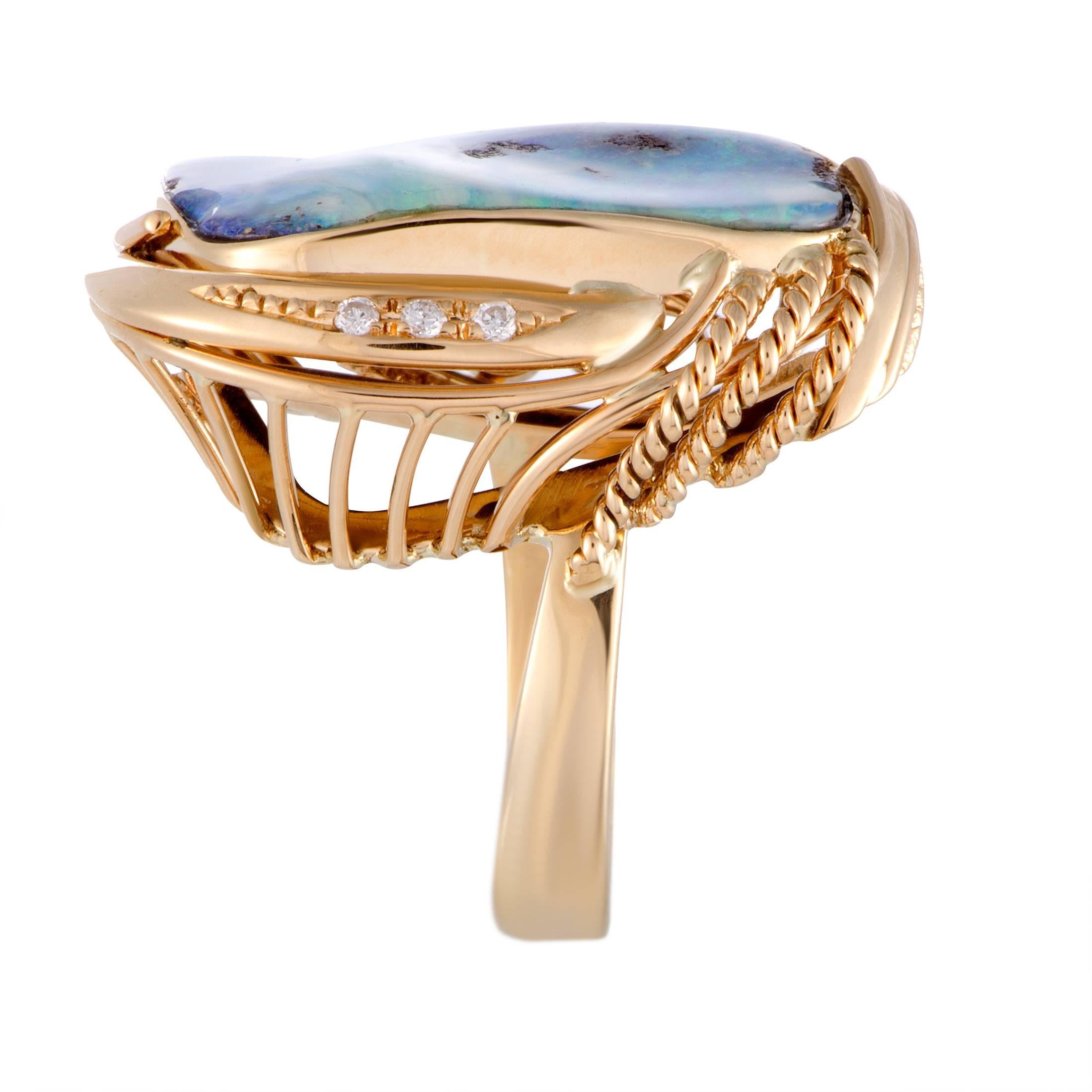 Diamond and Rectangular Opal Yellow Gold Cocktail Ring In Excellent Condition In Southampton, PA
