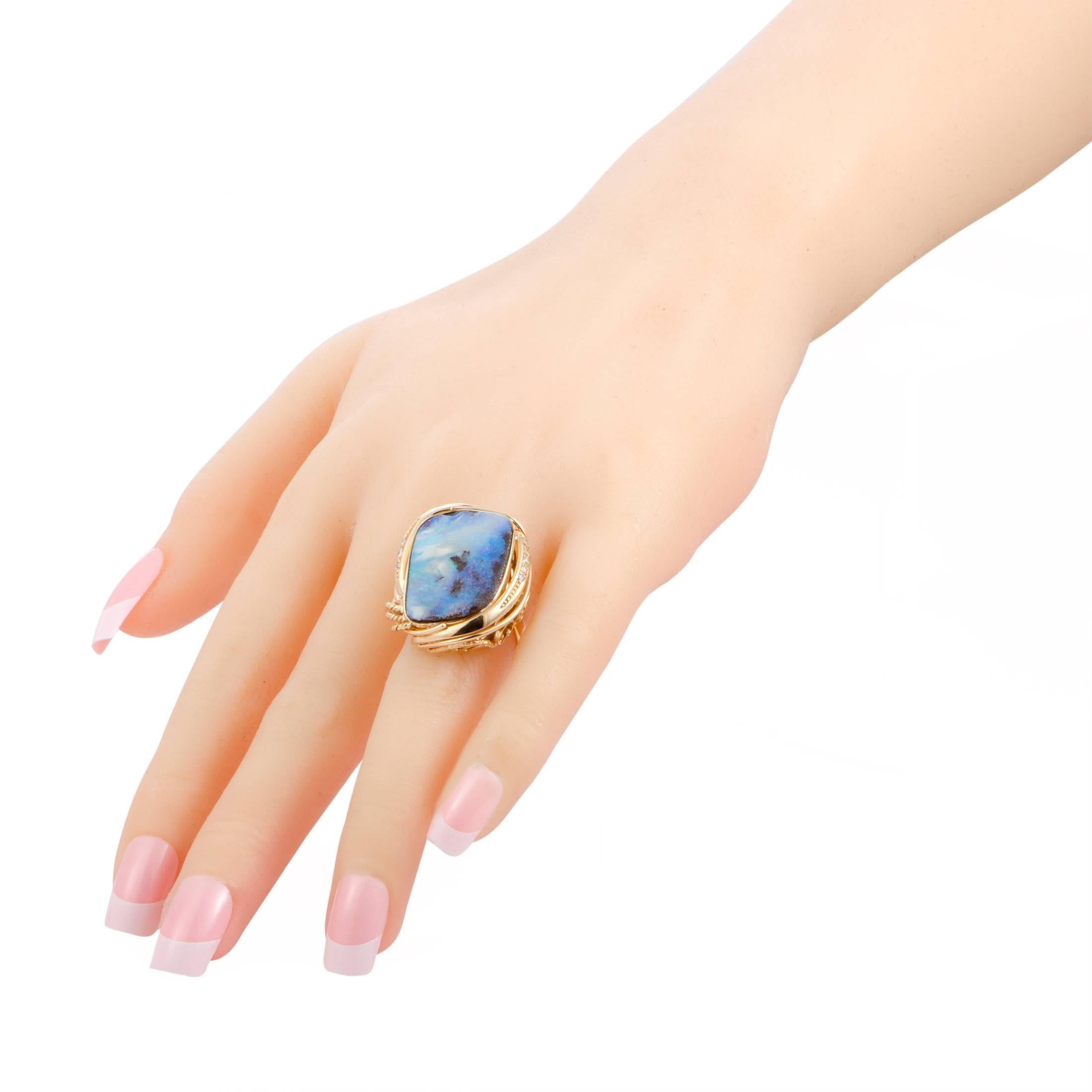 Women's Diamond and Rectangular Opal Yellow Gold Cocktail Ring