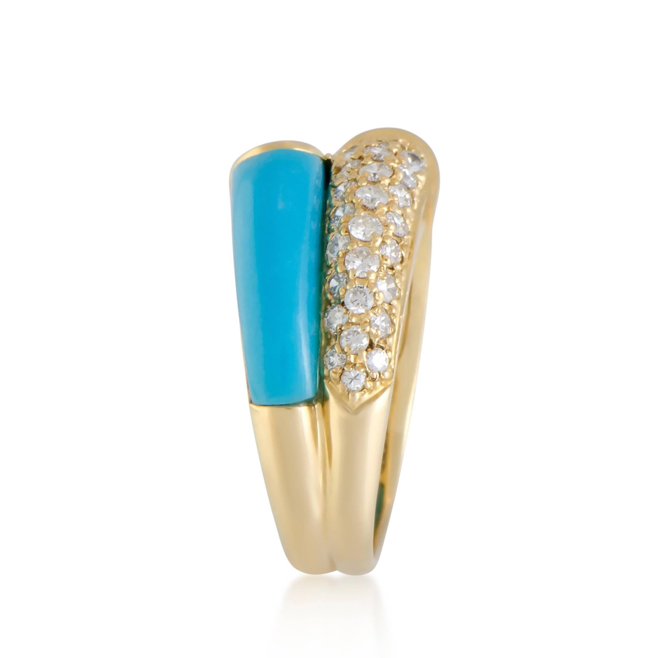 Round Cut Diamond and Turquoise Double Band Gold Ring