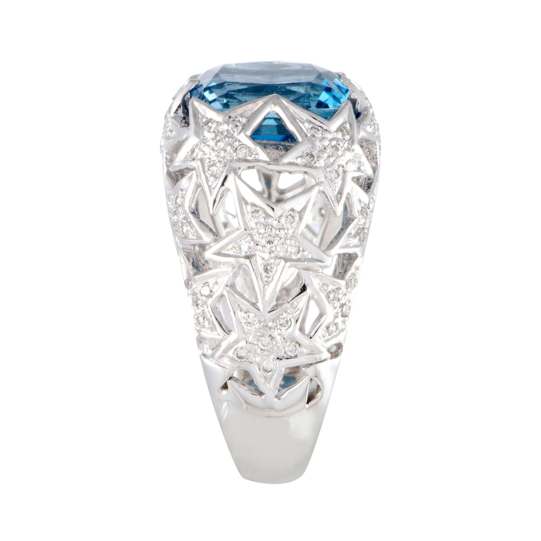 Cushion Cut Diamond and Topaz Star Patterned Bombe Ring
