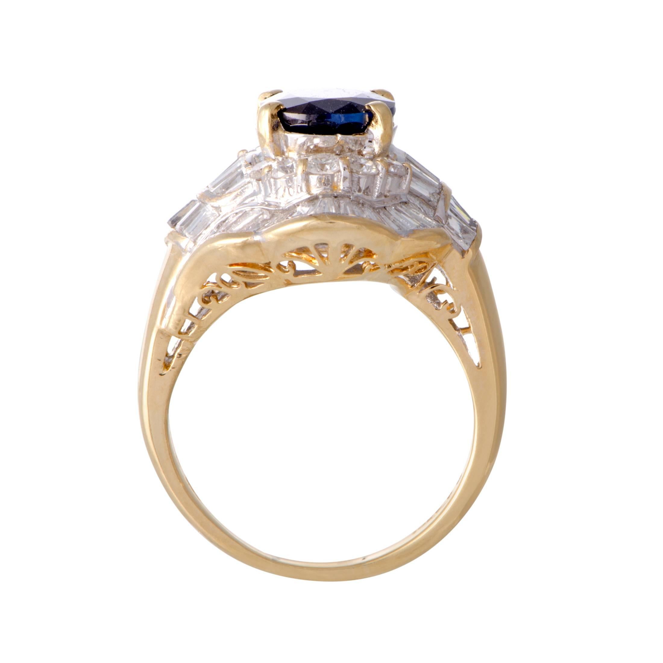 Neatly set in 18K white and yellow gold, the diversely cut diamond stones perfectly complement the eye-catching sapphire in this sumptuous ring. The sapphire weighs 2.28 carats and the diamonds total 2.33 carats.
Ring Size 6.25
Band 3mm
Top