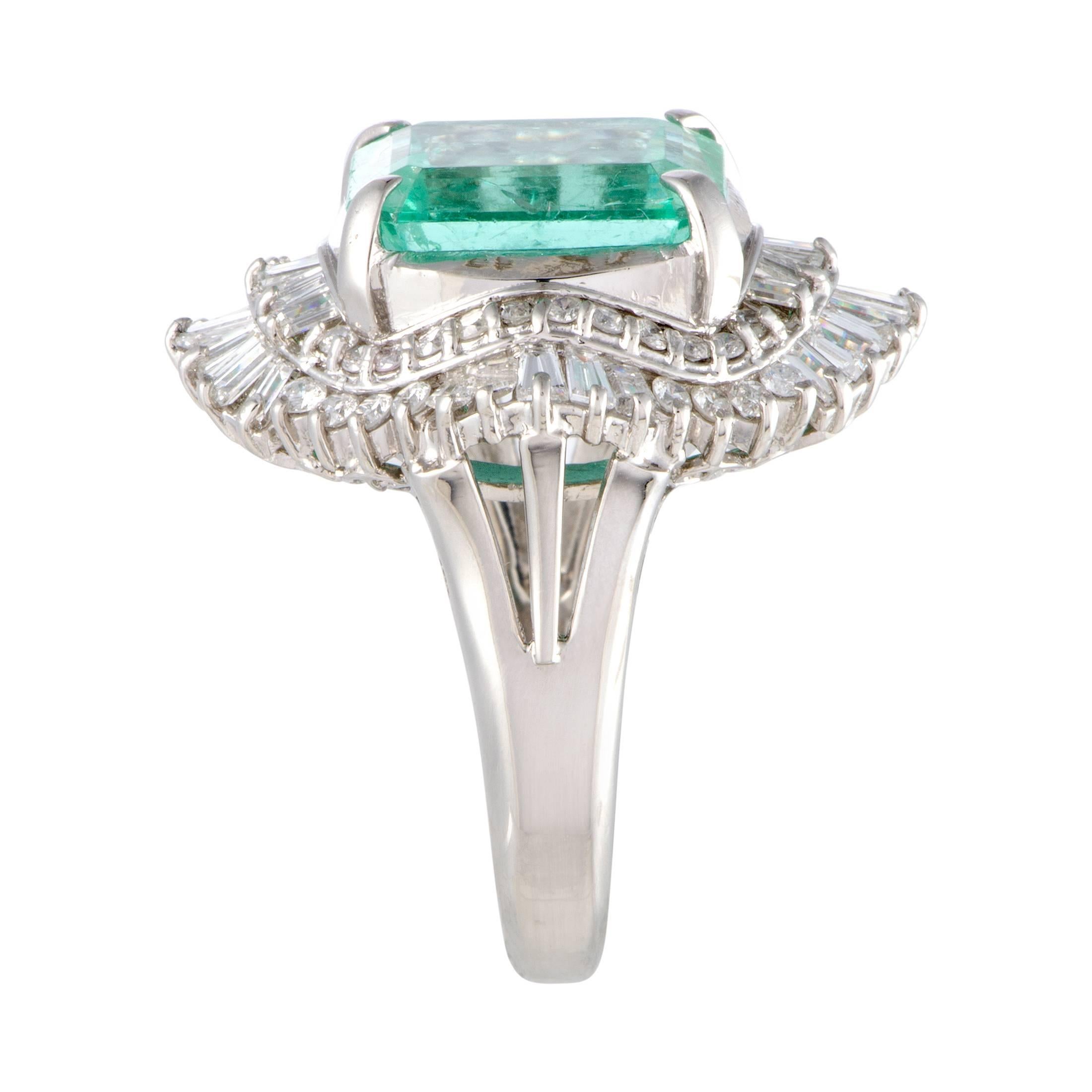 Emerald Cut Diamond and Emerald Platinum Cocktail Ring