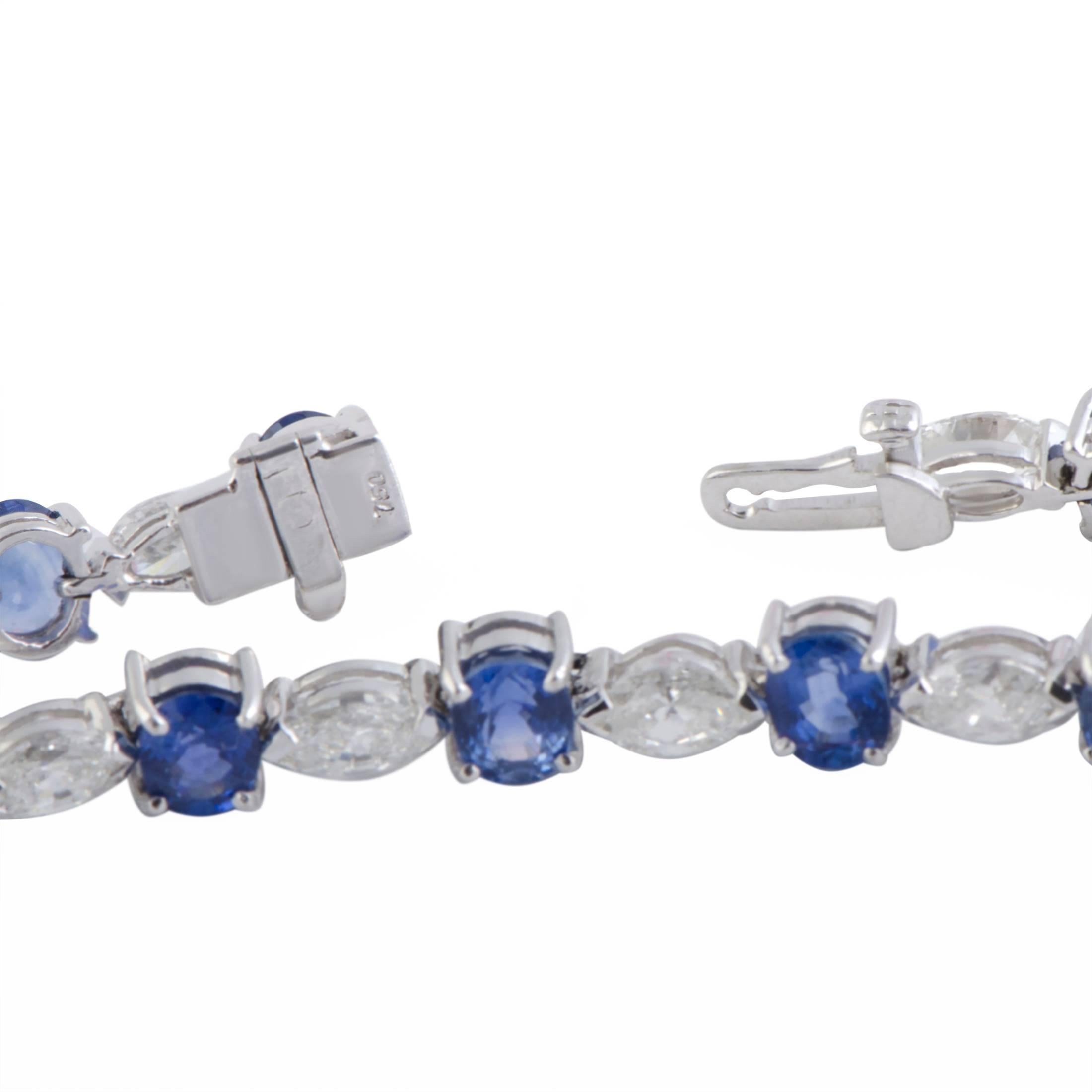 Luxuriously set with diamond and sapphire stones, this sublime bracelet offers a look of utmost class and refinement. The bracelet is made of elegant 18K white gold and boasts a total of 8.00 carats of sapphires and approximately 4.00 carats of