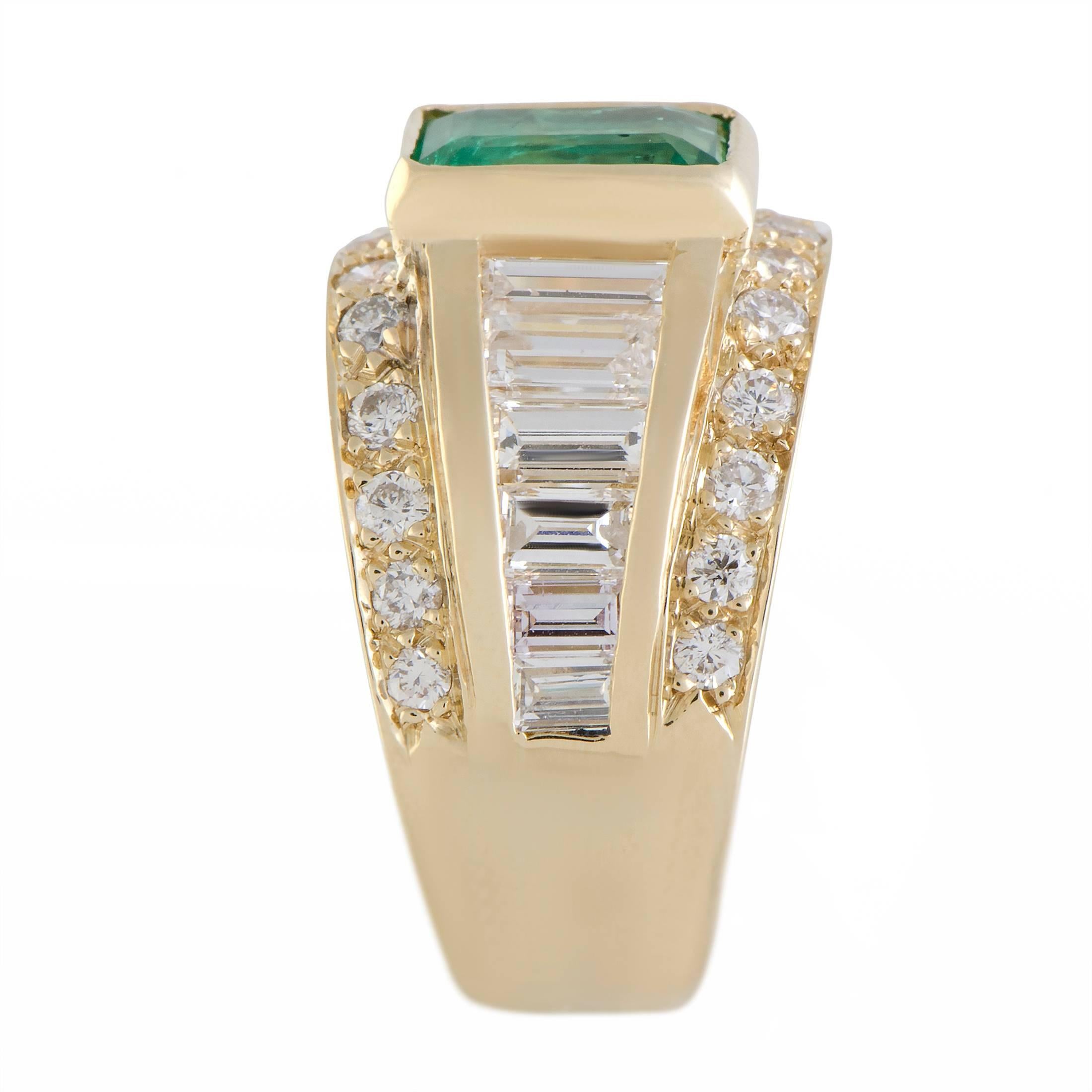 Emerald Cut Diamond and Emerald Gold Ring