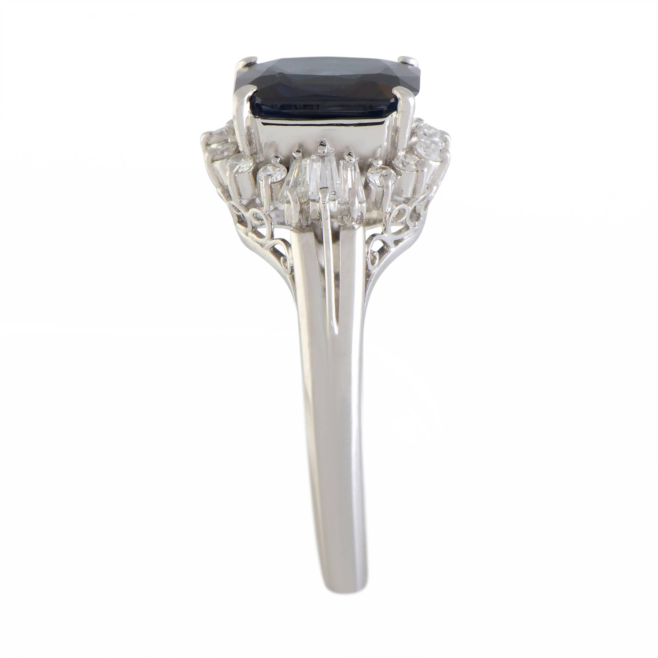 Emerald Cut Diamond and Sapphire Platinum Ring