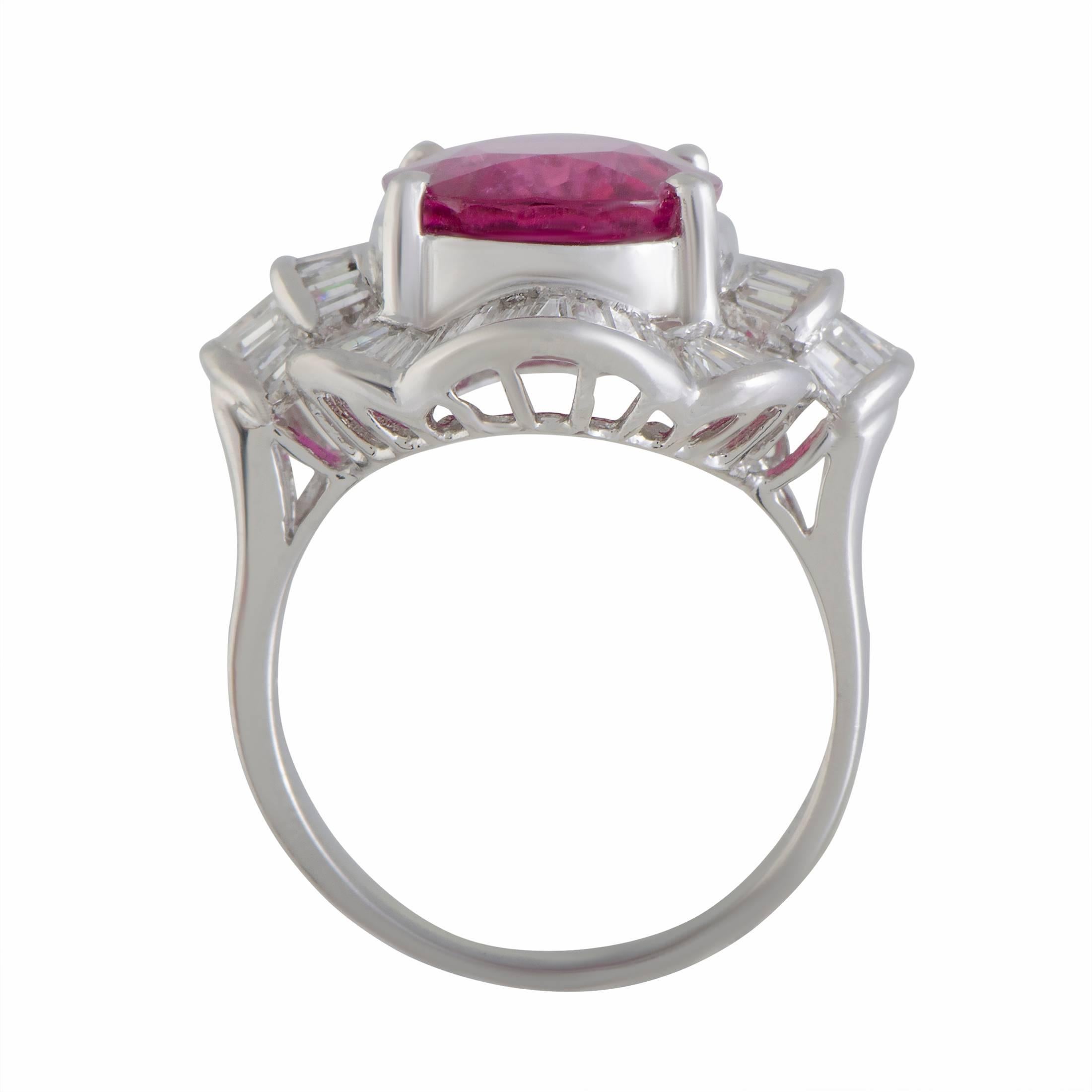 A perfect choice if you wish to complete your look with a luxuriously embellished piece, this superb ring boasts an incredibly glamorous appeal. Made of platinum, the ring is decorated with 1.34 carats of diamonds and an eye-catching pink tourmaline