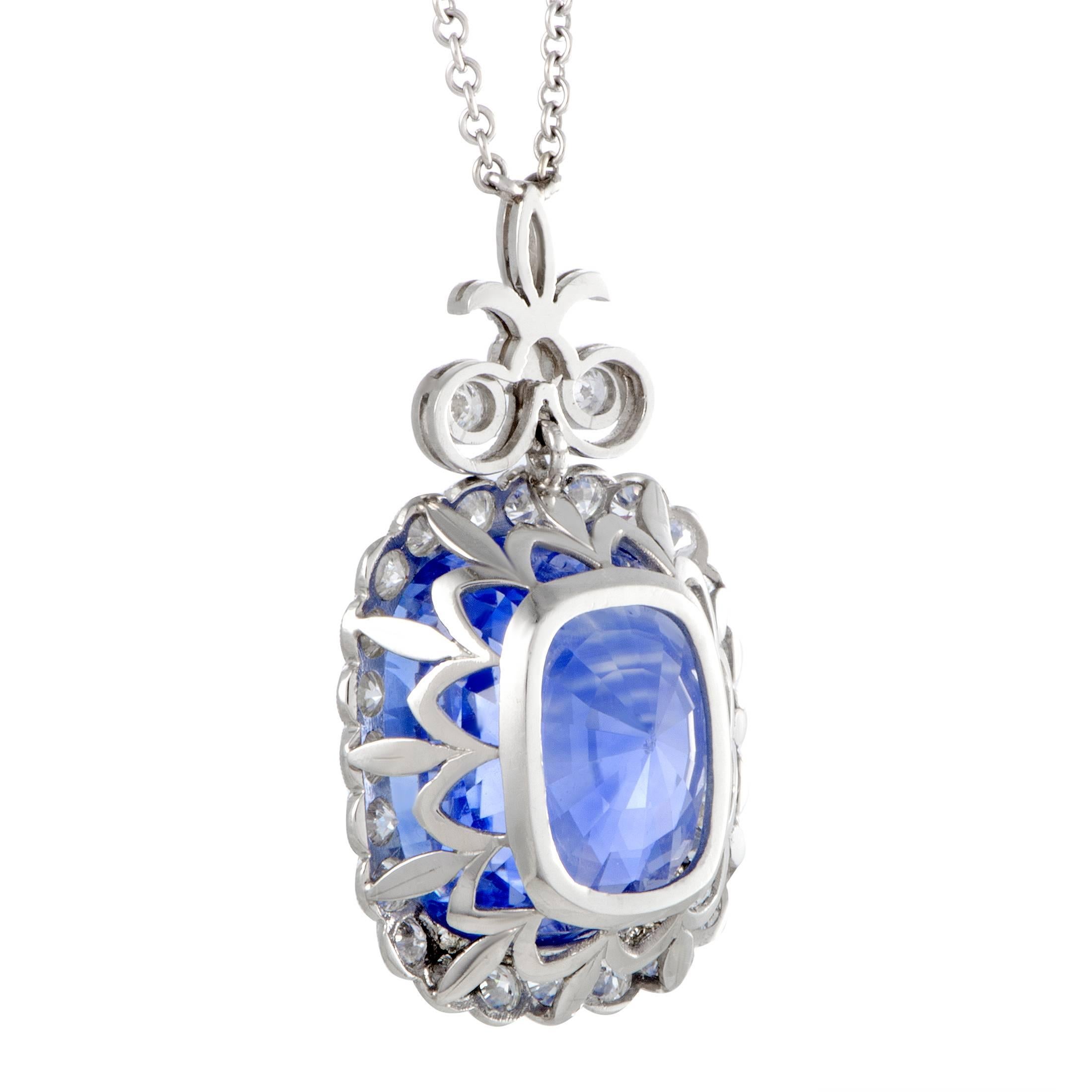 Diamond Pave Large Cushion Sapphire White Gold Pendant Necklace In New Condition In Southampton, PA