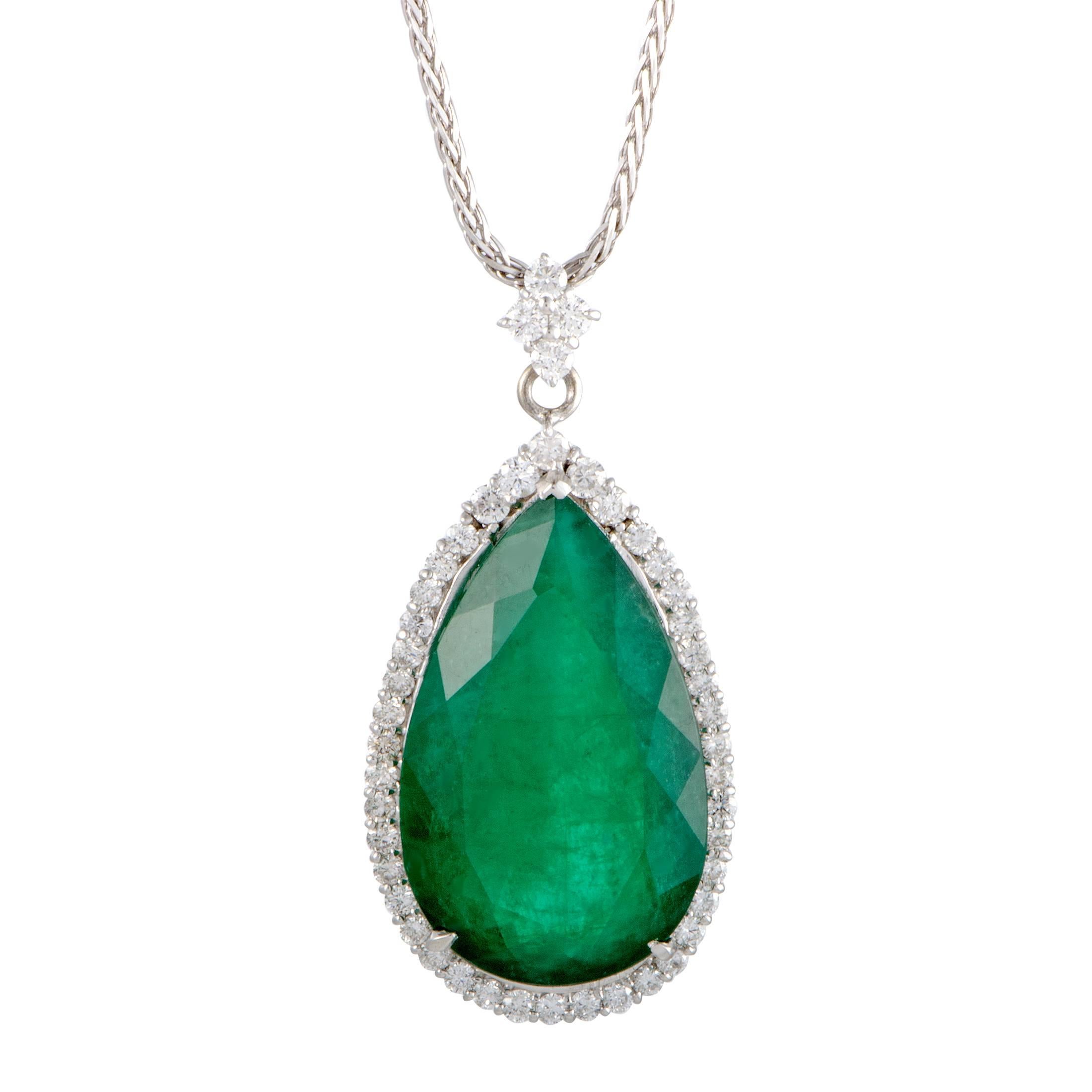 Diamond Pave and Pear Shape Emerald Gold Pendant Necklace