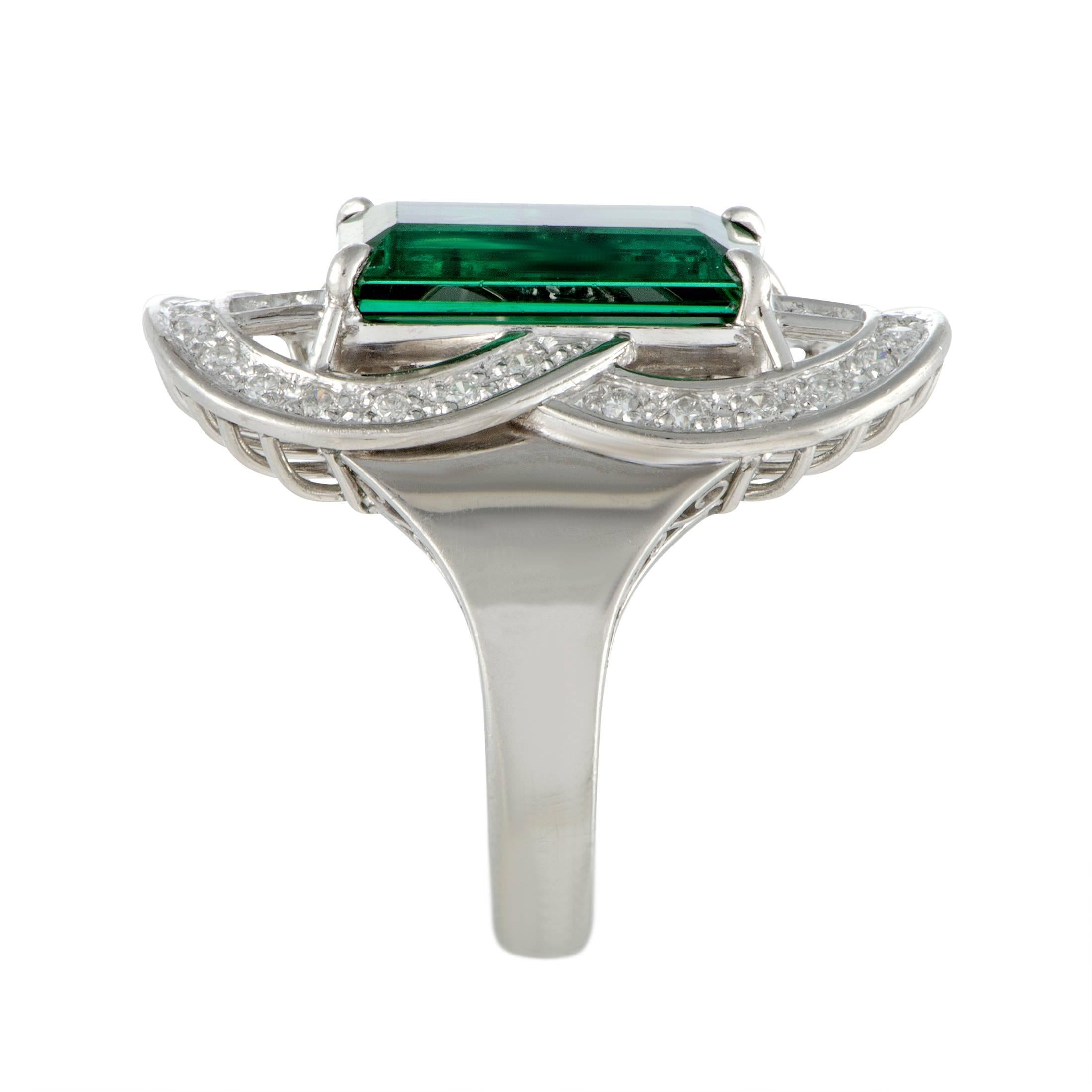 Emerald Cut Diamond and Green Tourmaline Platinum Ring