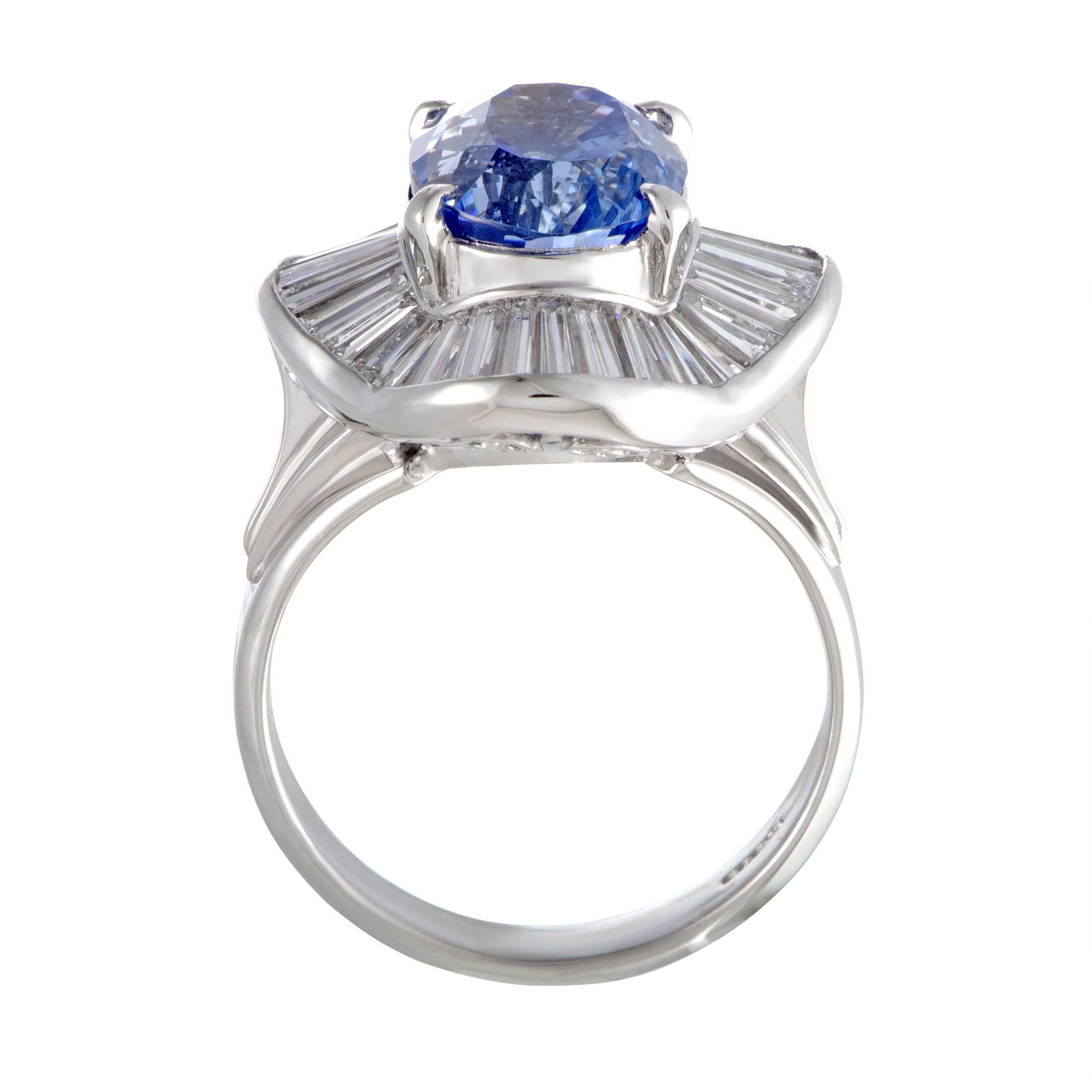 The endearing beauty of the sapphire stone is gorgeously brought out in this sublime ring by the luxurious resplendence of diamonds and the prestigious sheen of platinum. The ceylon sapphire weighs 6.41 carats and the diamonds total 1.92 carats.