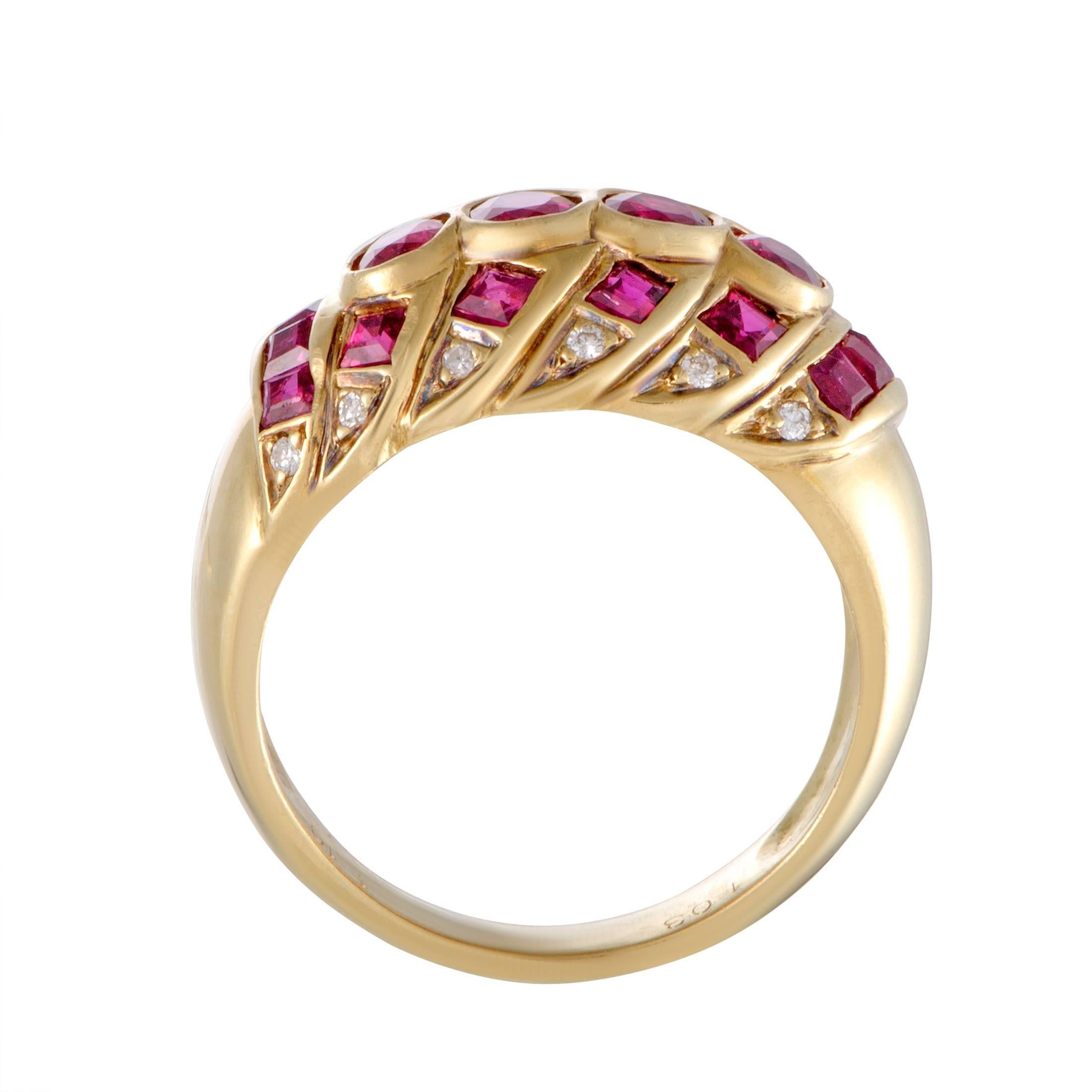 The radiant 18K yellow gold and the eye-catching diversely cut rubies produce an incredibly fashionable effect in this gorgeous ring. The rubies total 2.22 carats and are accompanied by 0.08 carats of diamonds.
Ring Top Dimensions: 20mm x 11mm
Band
