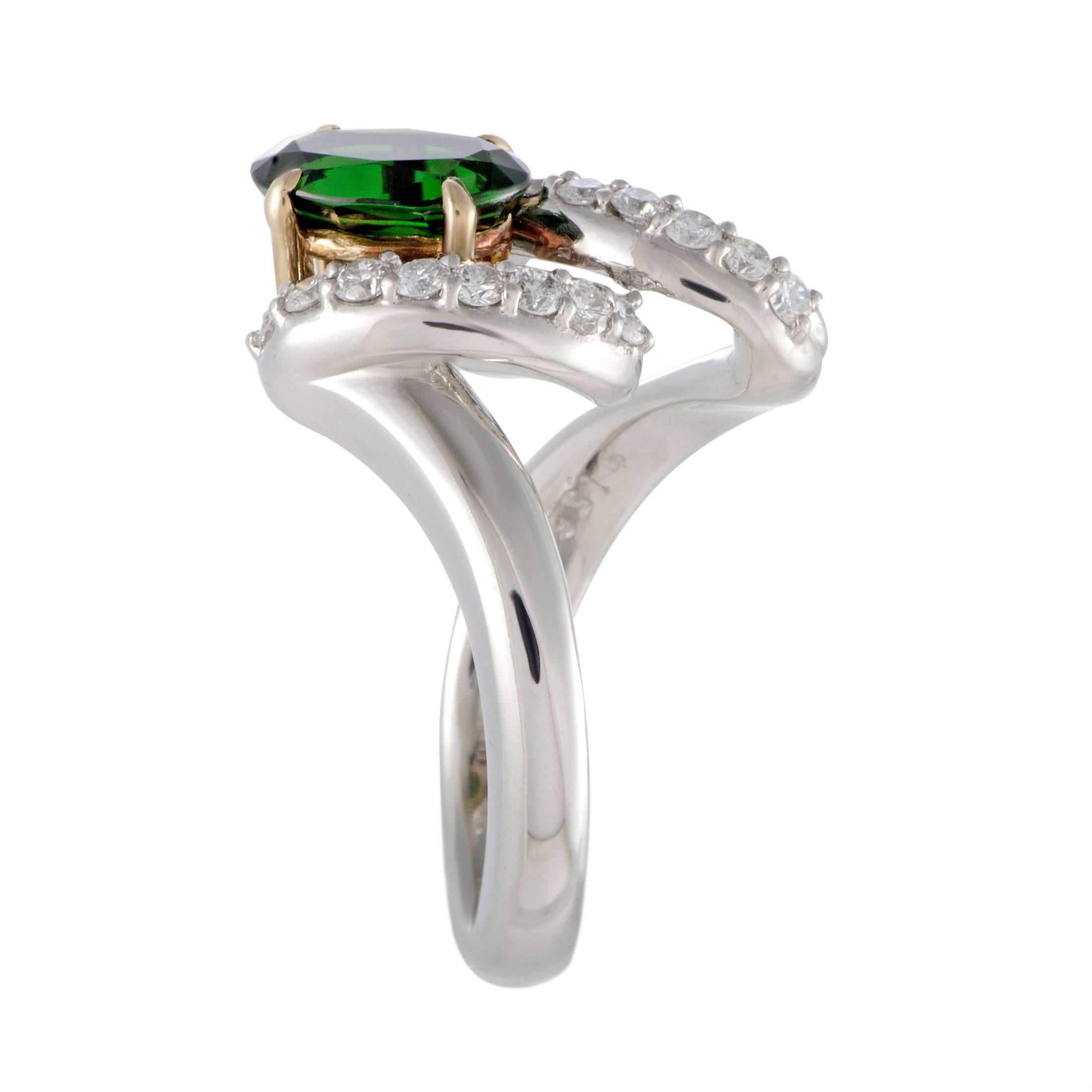 Oval Cut Diamond and Green Tourmaline Spiral Platinum Ring