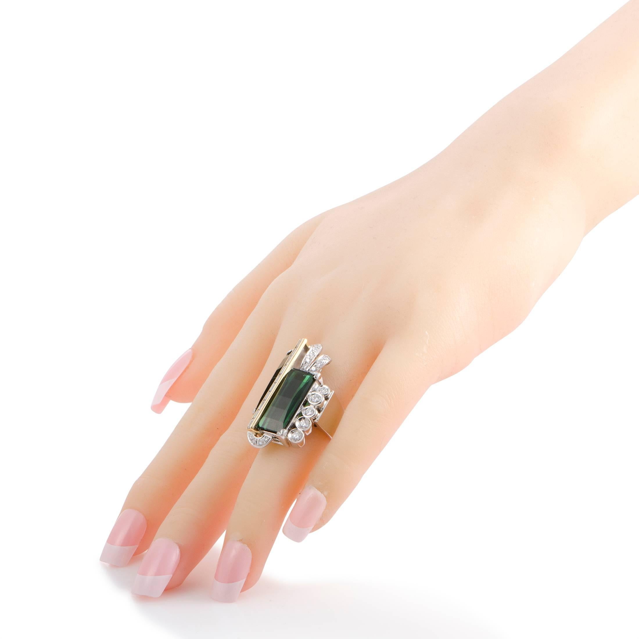 Emerald Cut Diamond and Green Tourmaline Platinum and Gold Ring