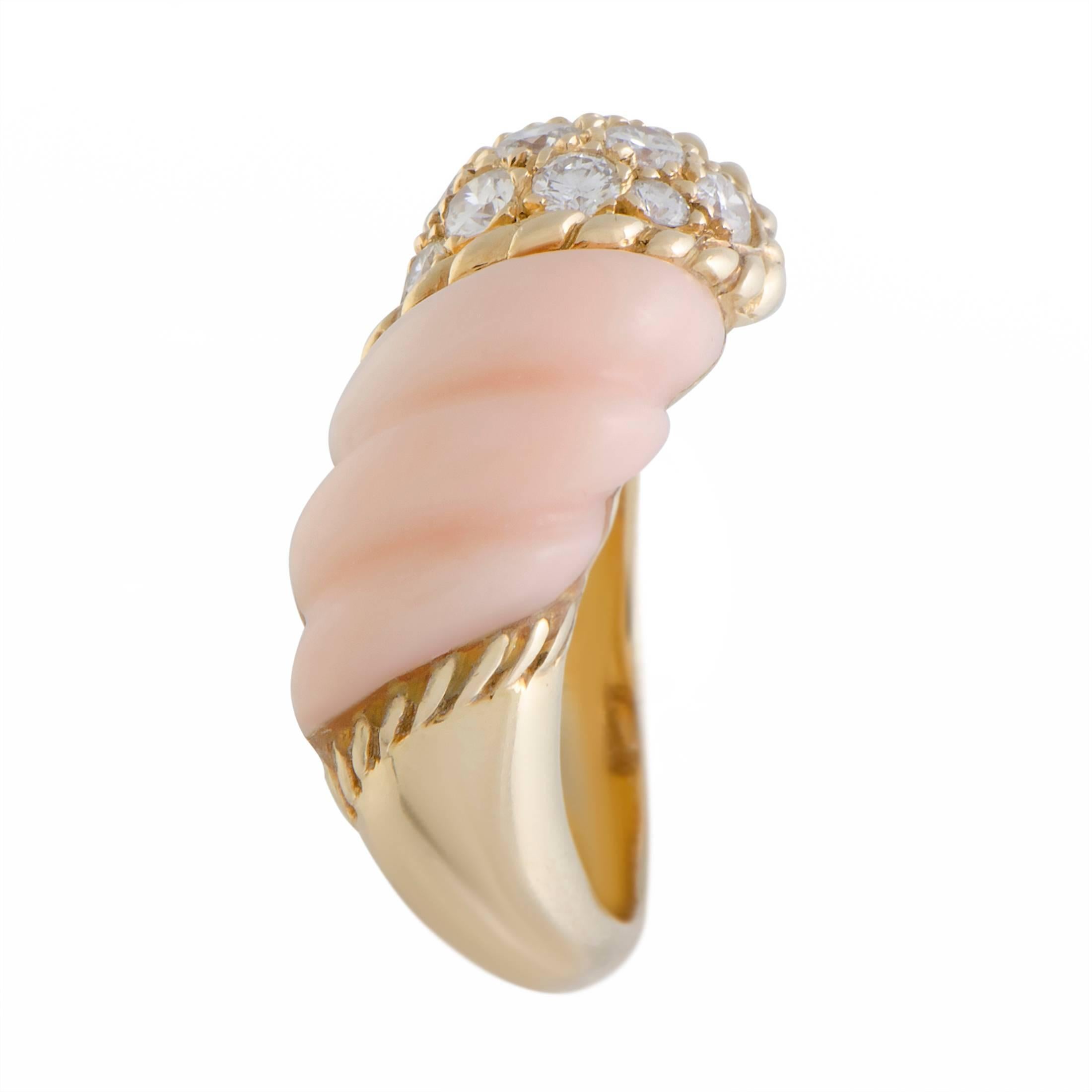 Round Cut Boucheron Diamond Pave and Pink Coral Gold Band Ring