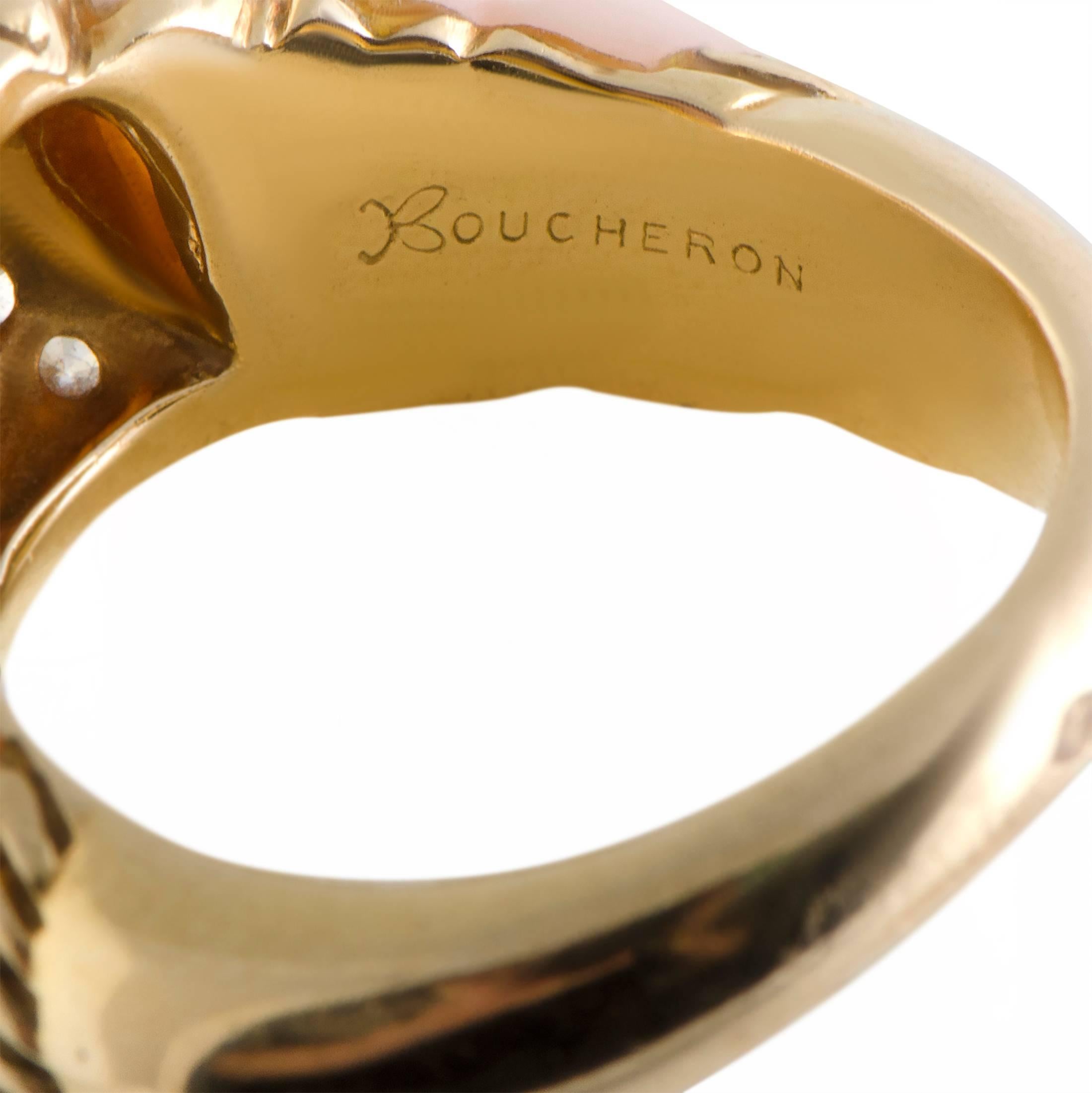 Boucheron Diamond Pave and Pink Coral Gold Band Ring In Excellent Condition In Southampton, PA