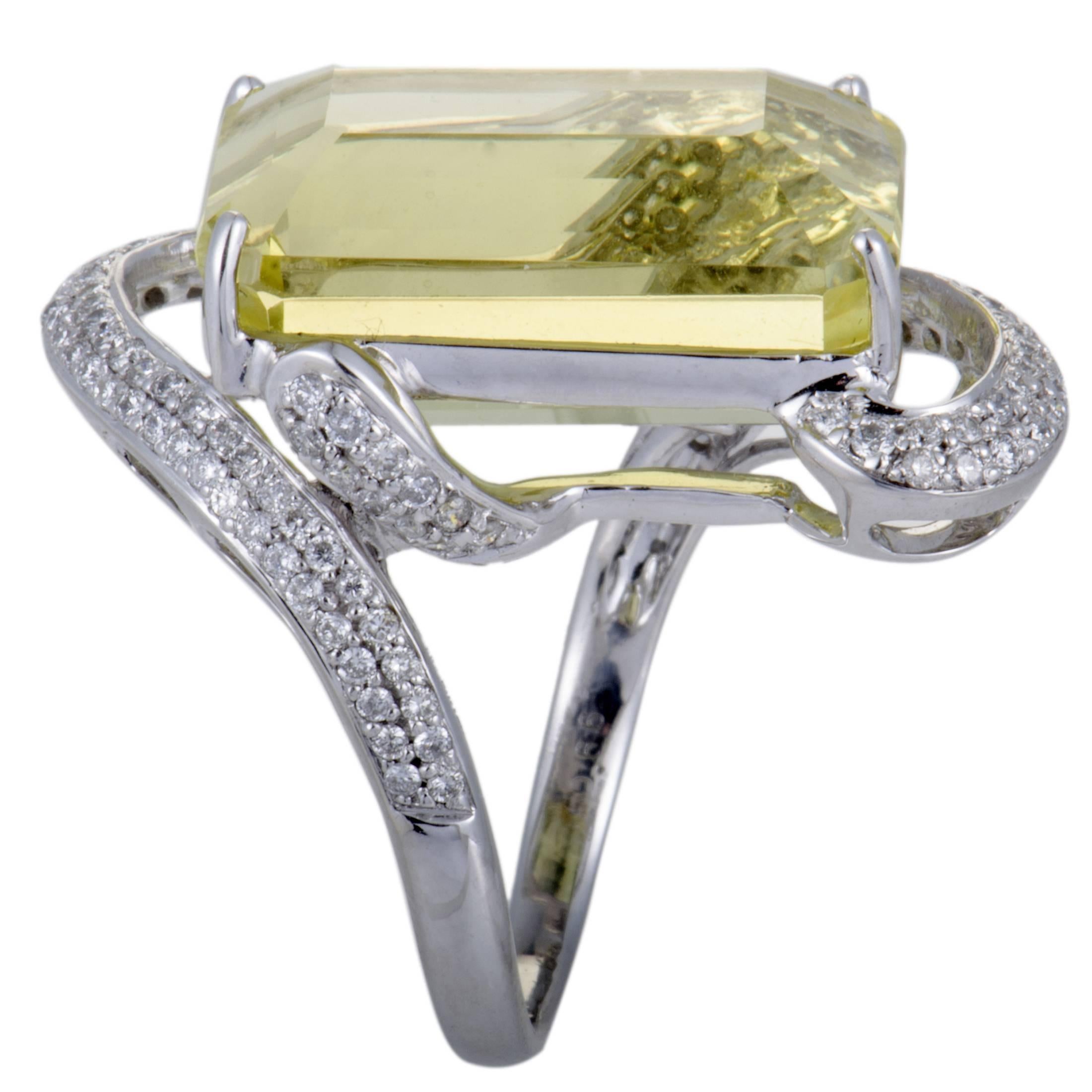 Emerald Cut Diamond and Lemon Citrine Gold Cocktail Ring