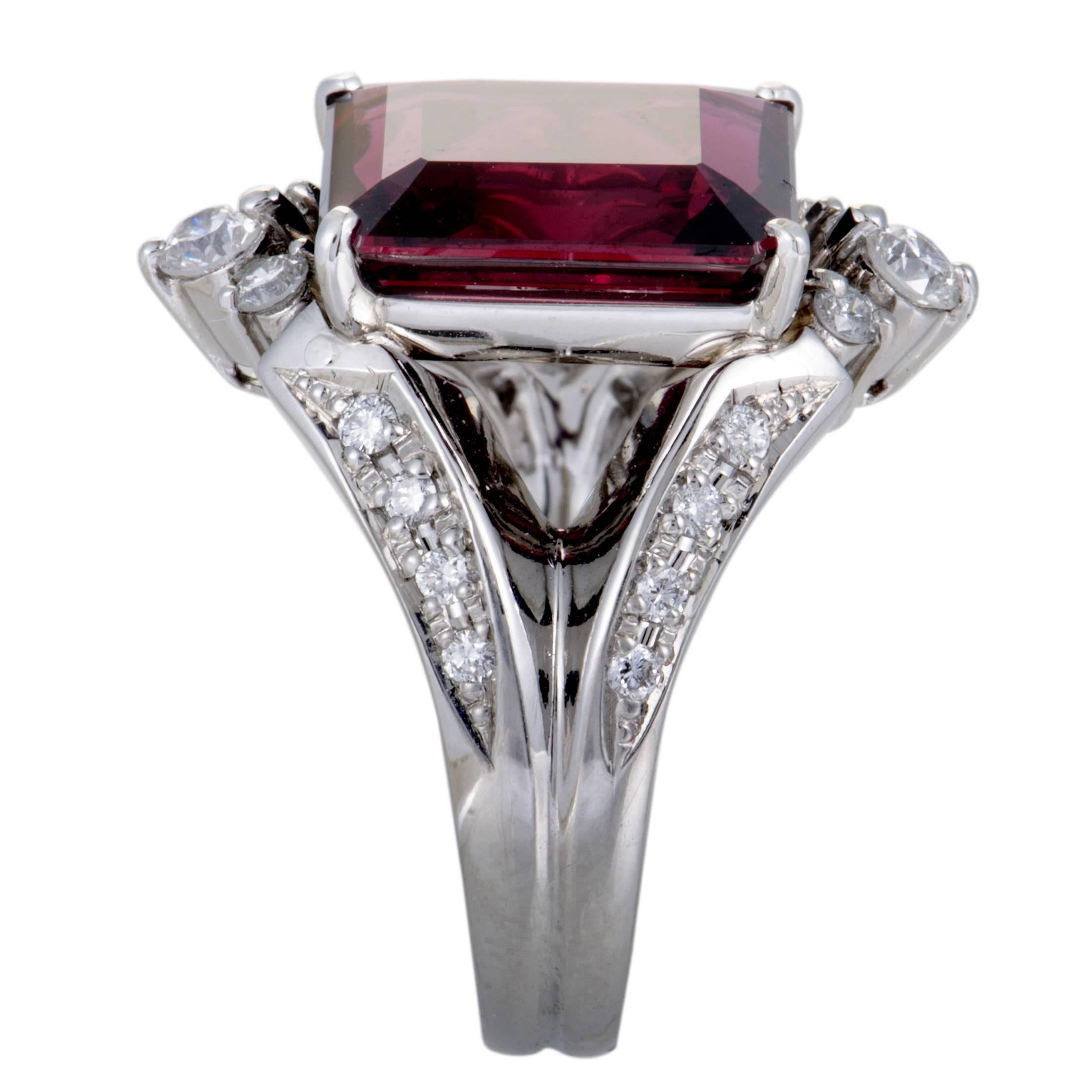 Emerald Cut Diamond and Garnet Platinum Ring