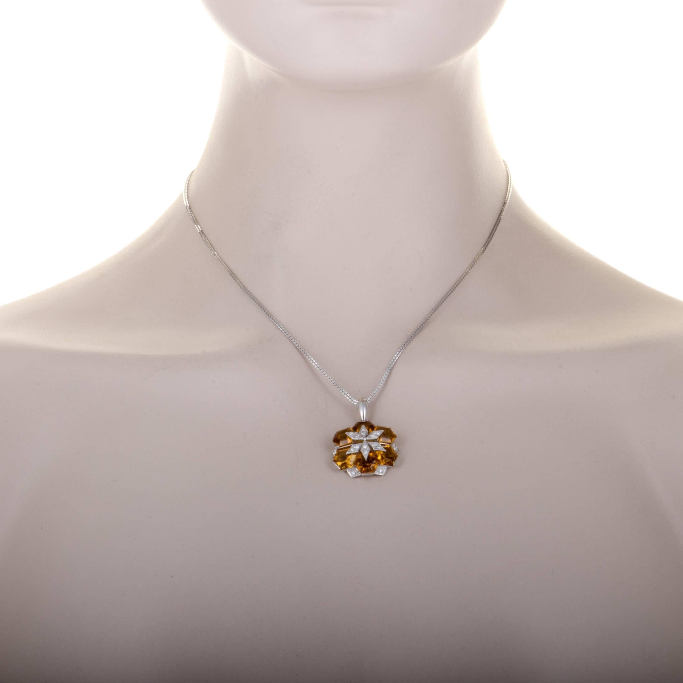 Diamond and Citrine Flower Pendant White Gold Necklace In Excellent Condition In Southampton, PA