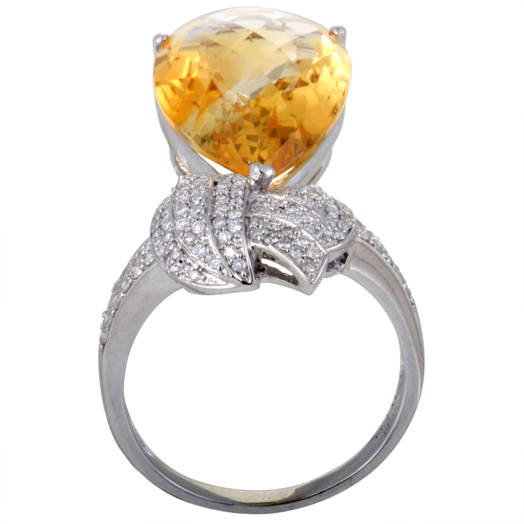 Diamond Pave Pear Shaped Citrine White Gold Cocktail Ring In Excellent Condition In Southampton, PA