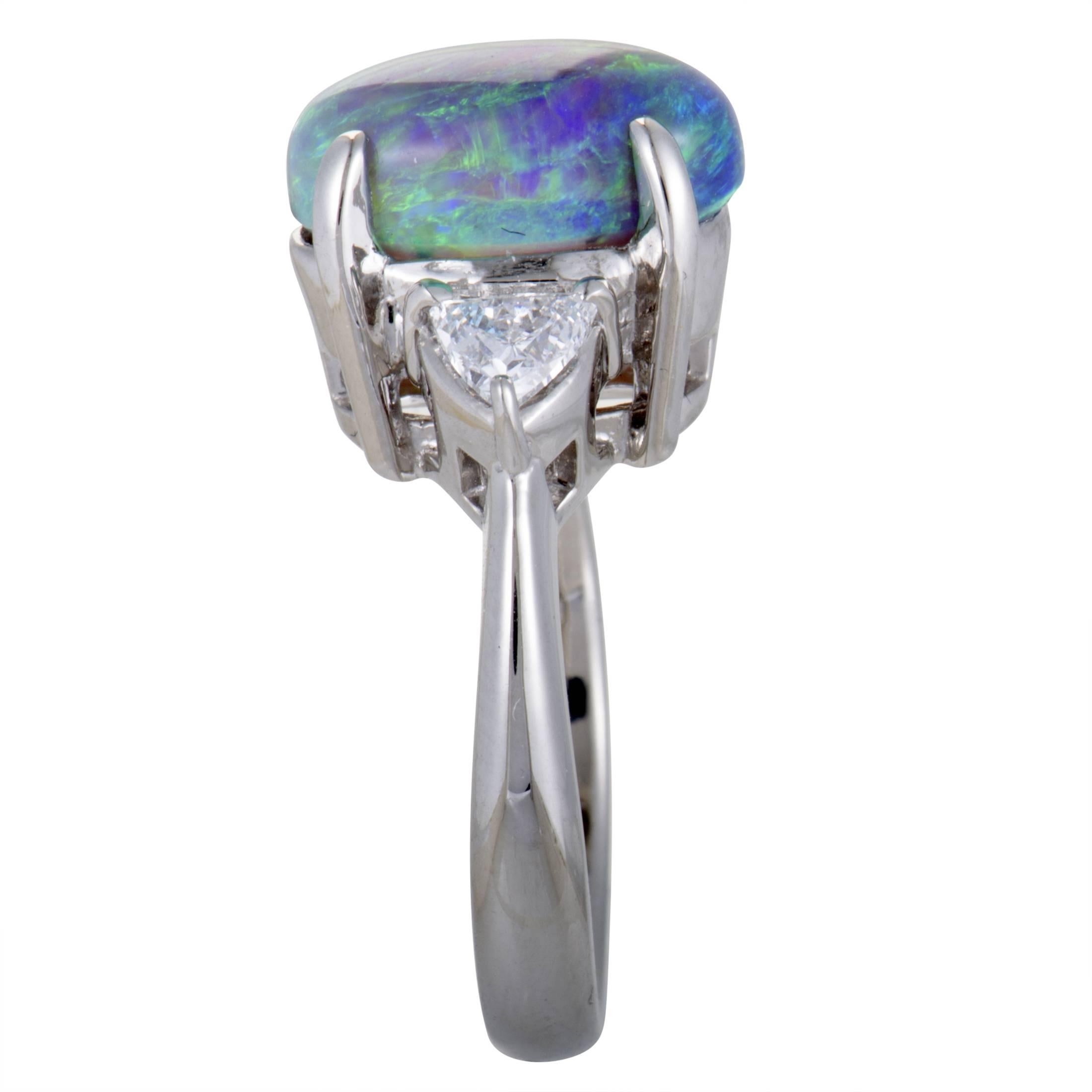 Trillion Cut Diamonds and Green Opal Platinum Ring In Excellent Condition In Southampton, PA