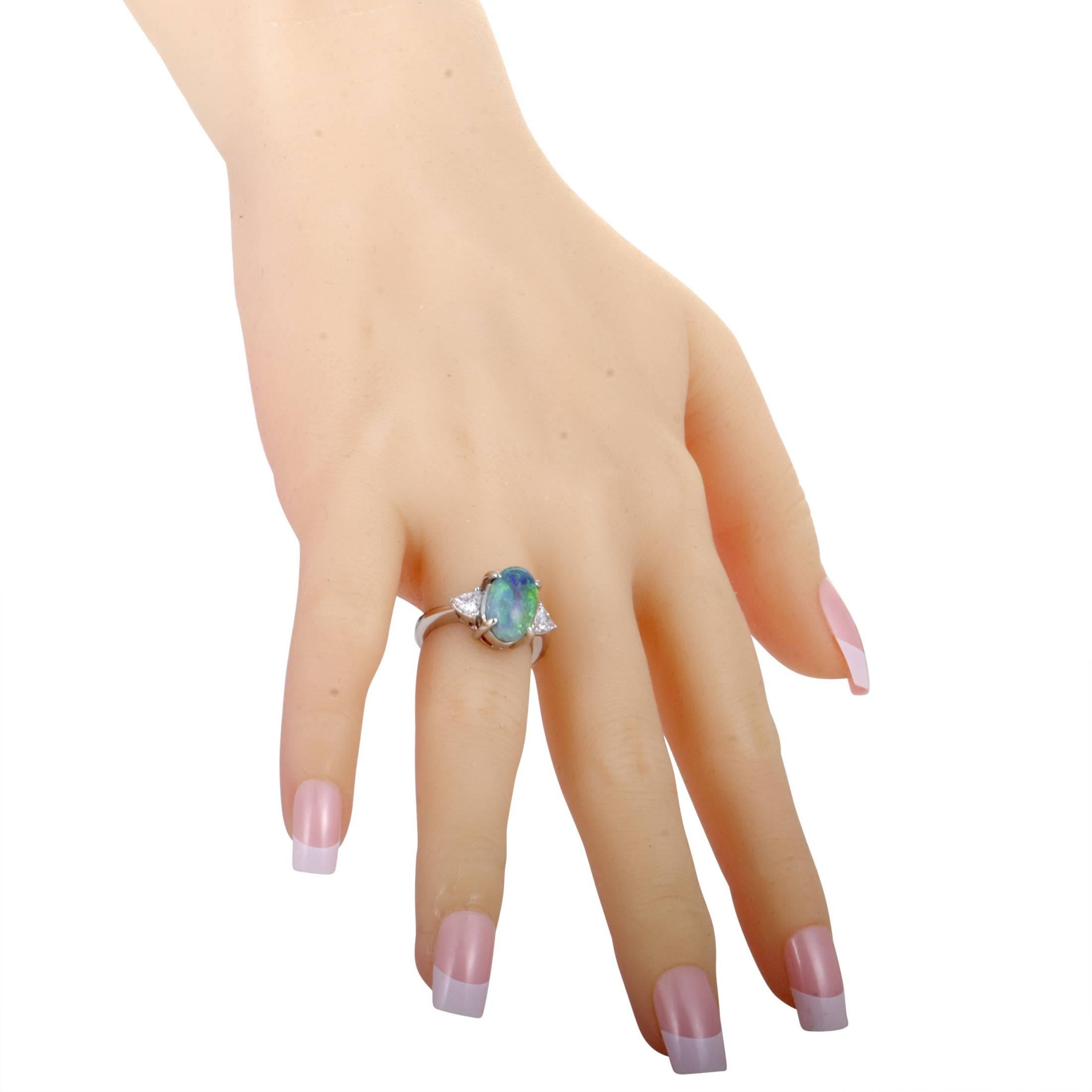 Women's Trillion Cut Diamonds and Green Opal Platinum Ring
