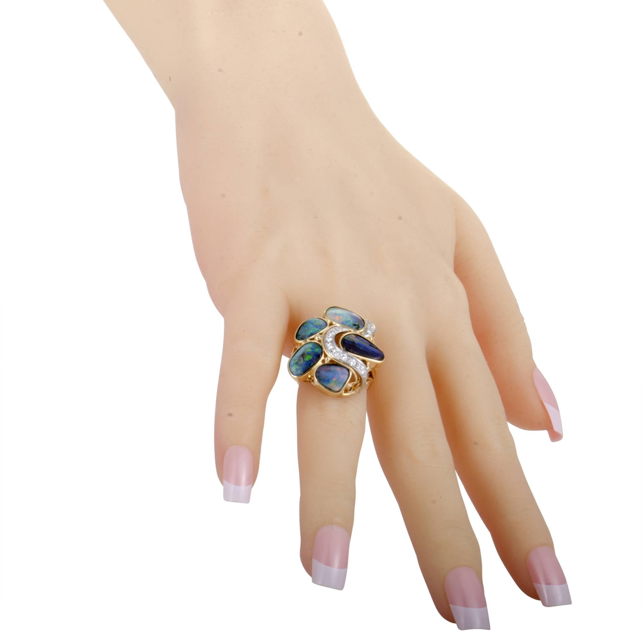 Women's Diamonds and Opals Gold Cluster Ring