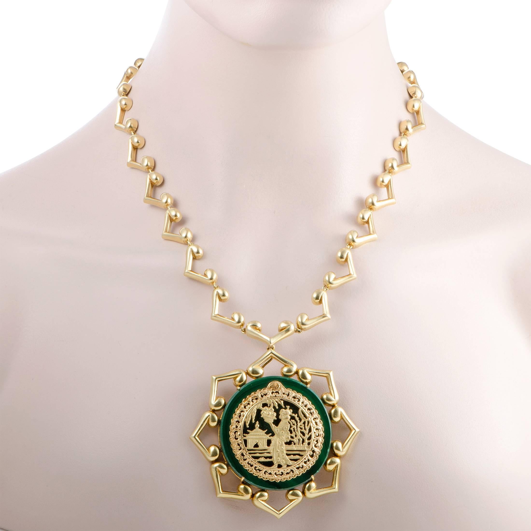 This extraordinary vintage piece is presented by the renowned Tiffany & Co. and compels with its bold, offbeat design and intricate décor. The necklace is expertly crafted from classic 18K yellow gold and boasts eye-catching green jade.
Dimension: