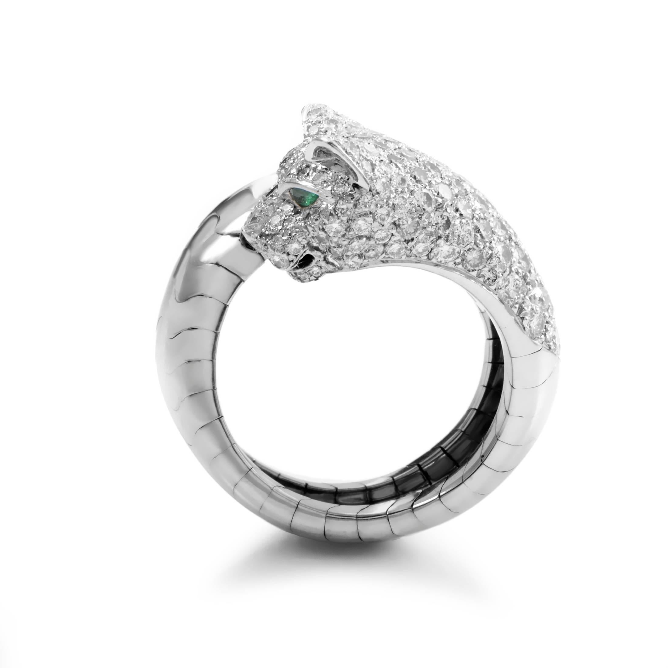 Cartier's Panthere collection is by far one of their most prominent and most beloved to date. This outstanding ring from the collection is made of 18K white gold and features a panther's head in the design. The panther is paved with white diamond