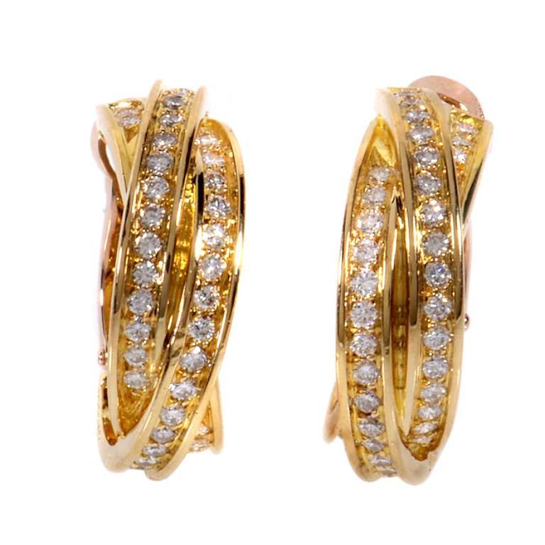 Trinity De Cartier Diamond Pave Gold Hoop Earrings