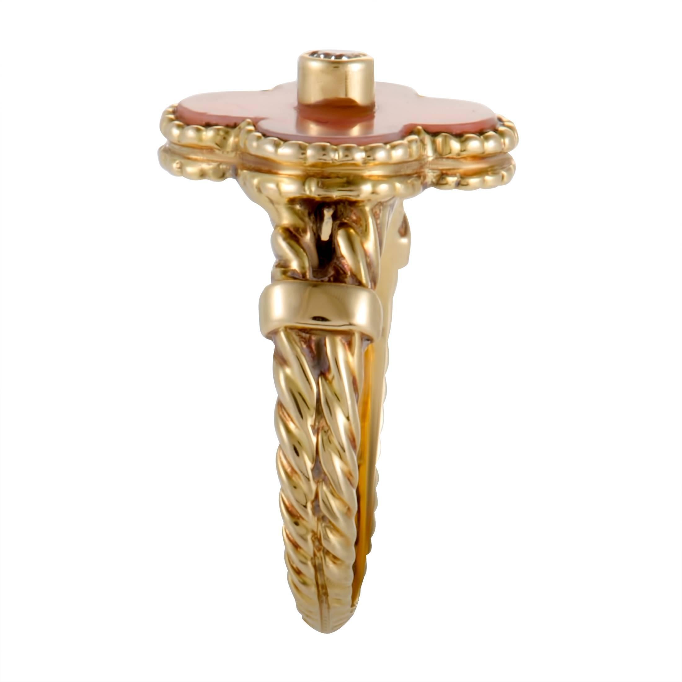 Van Cleef & Arpels Vintage Alhambra Diamond and Coral Yellow Gold Ring In Excellent Condition In Southampton, PA