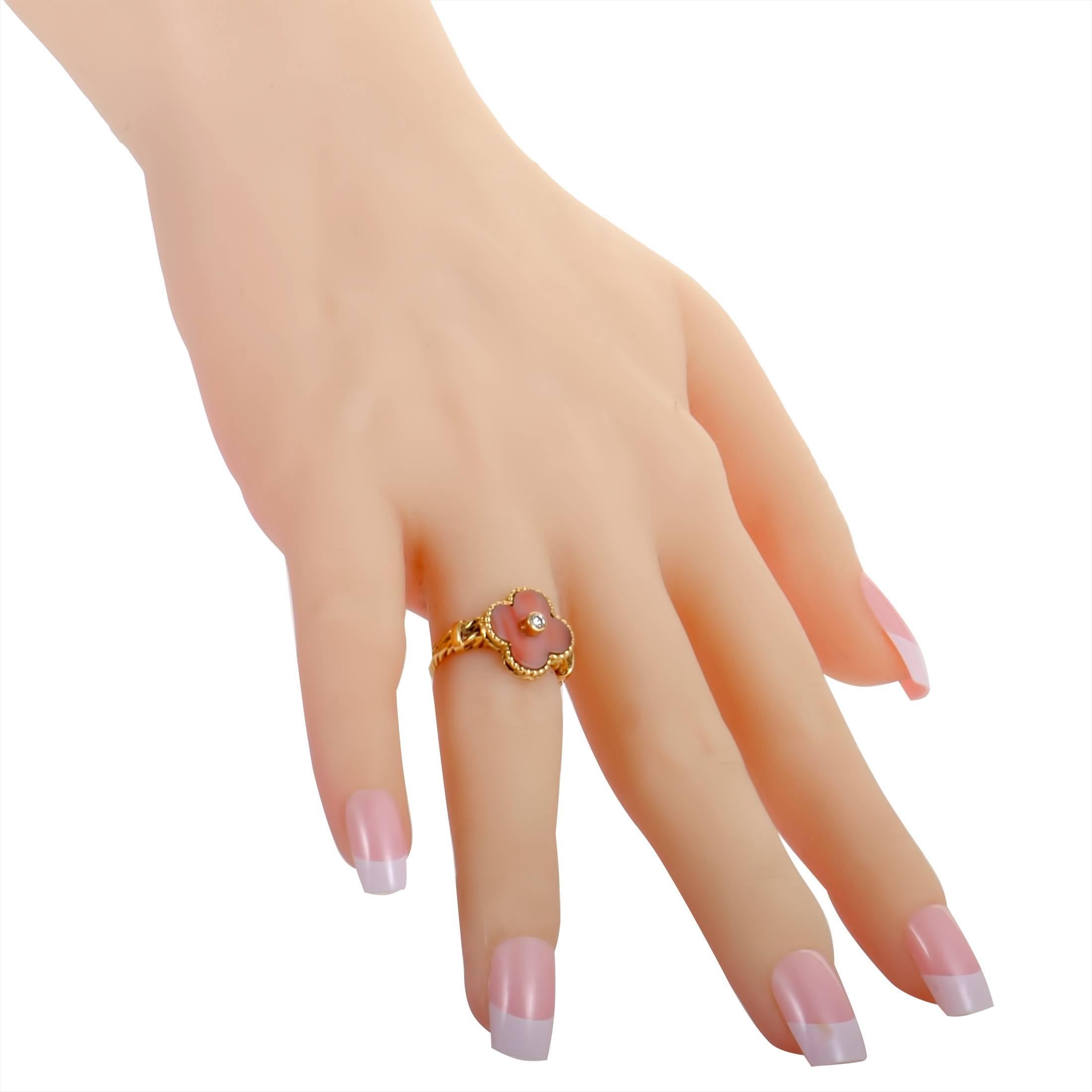 Women's Van Cleef & Arpels Vintage Alhambra Diamond and Coral Yellow Gold Ring