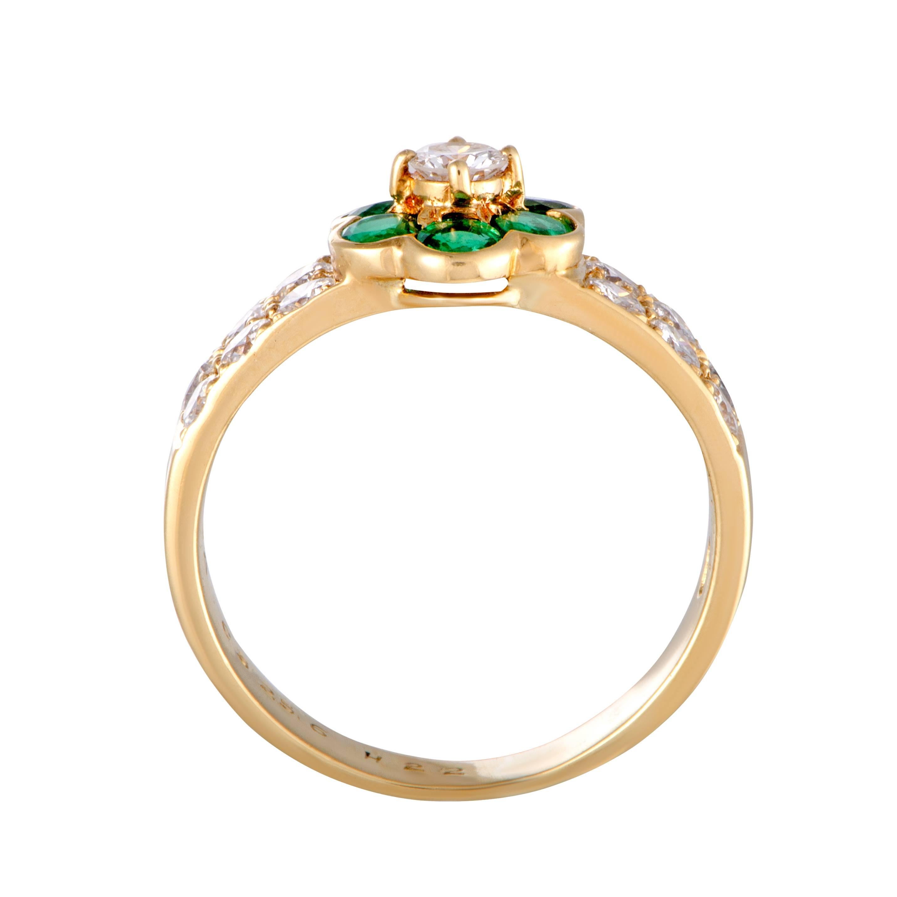 Featuring the ever-compelling combination of radiant 18K yellow gold and captivating emeralds that brings out in magnificent fashion the dazzling resplendence of diamonds, this superb Van Cleef & Arpels ring offers an incredibly attractive