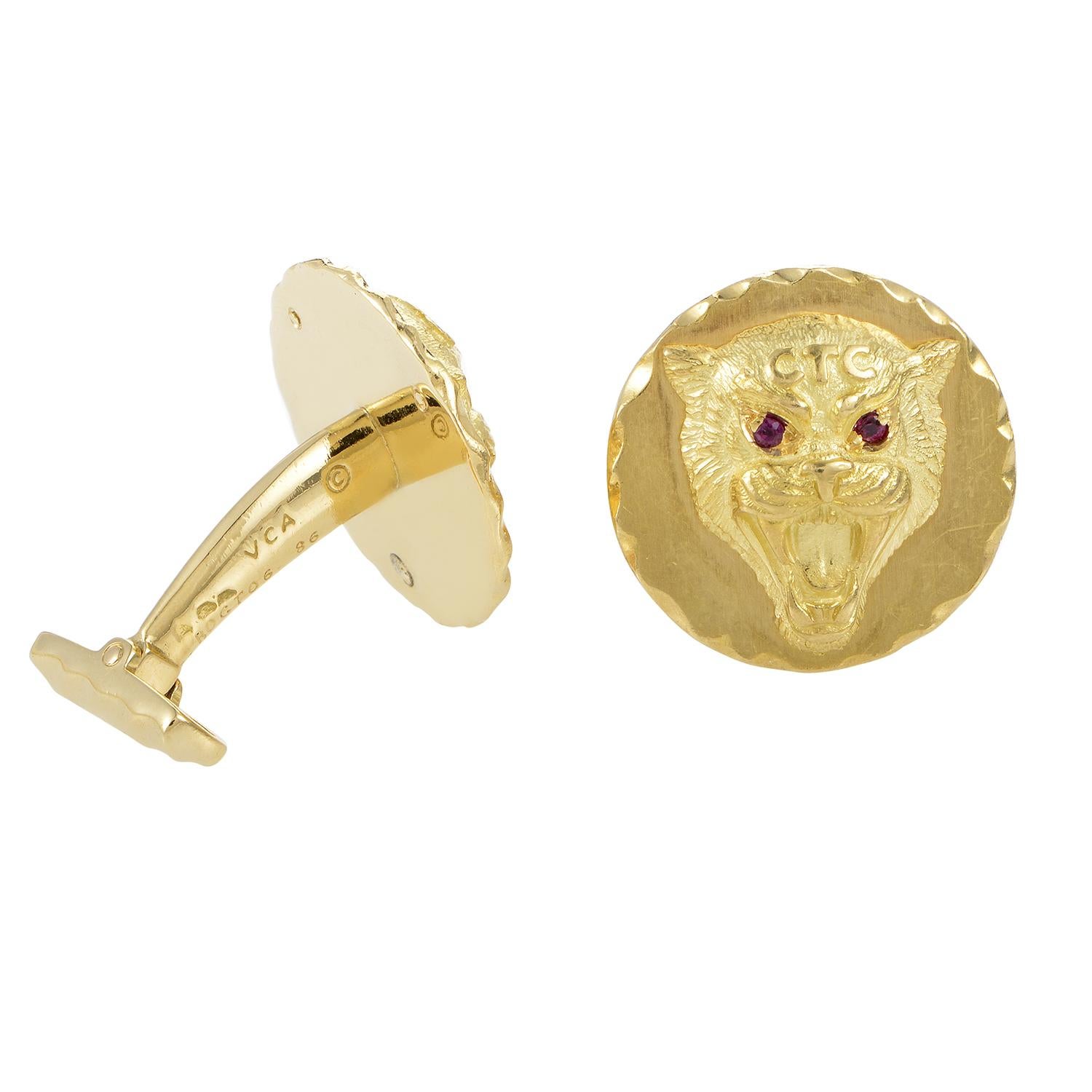 This pair of cufflinks from Van Cleef & Arpels are fiercely fashion-forward! They are made of 18K yellow gold and feature the depiction of a fearsome wildcat with glistening rubies for eyes.