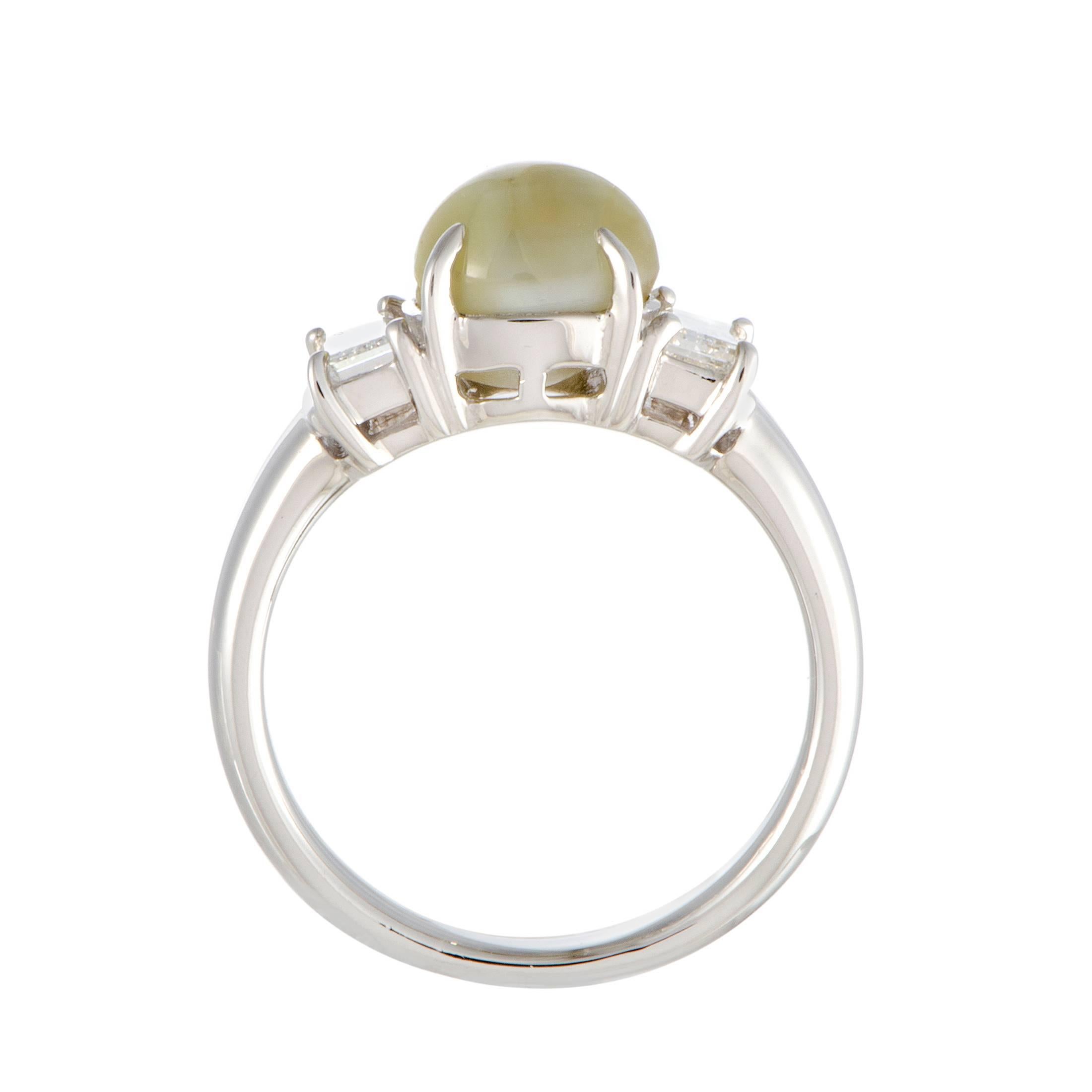 Endearingly dainty and feminine, this lovely platinum ring features elegant design and classy décor. A cat’s eye that weighs 3.70 carats is the central stone, accompanied by diamonds totaling 0.50 carats.
Ring Size: 6.75
Ring Top Dimensions: 7mm x
