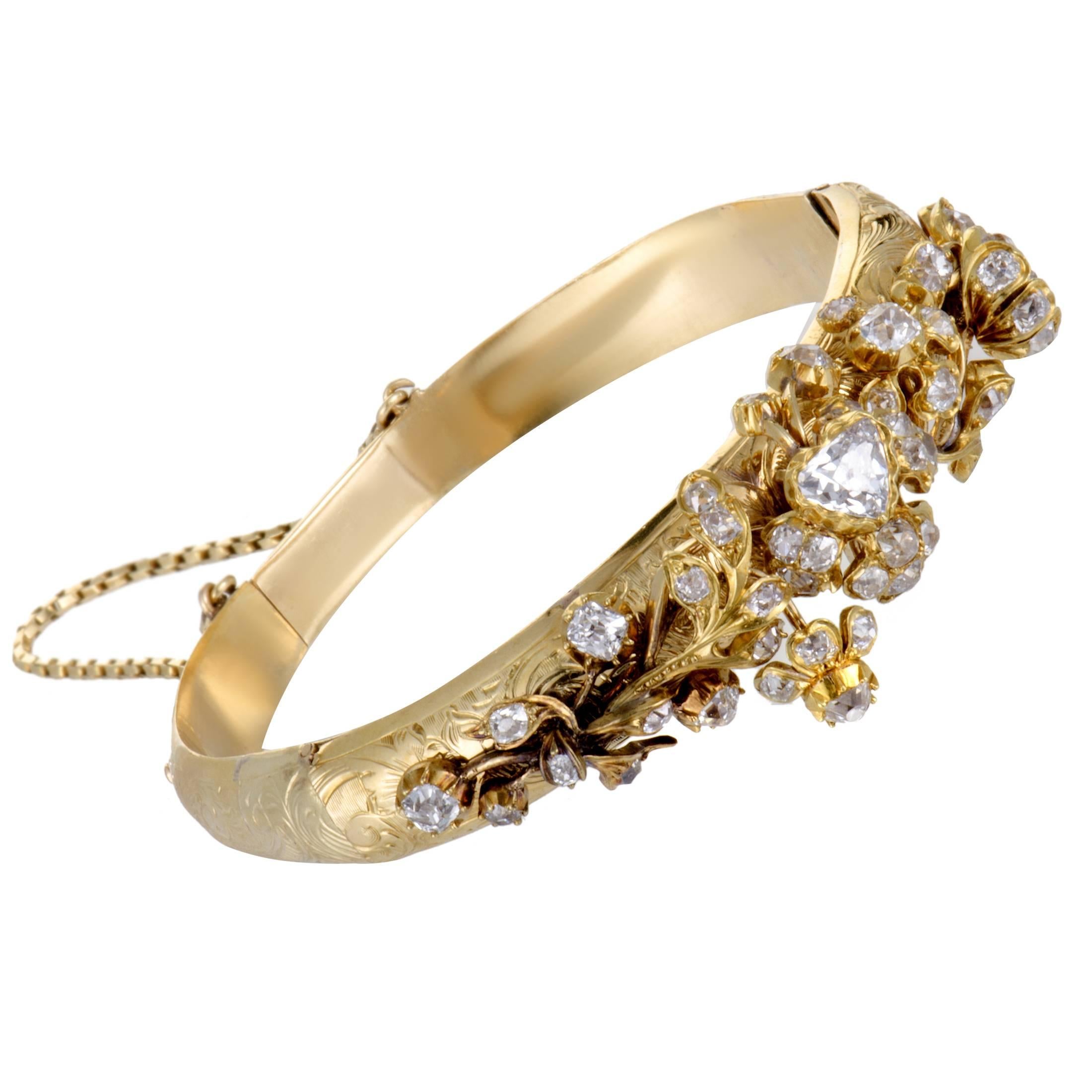 Women's Antique Diamond Floral Yellow Gold Bangle Bracelet