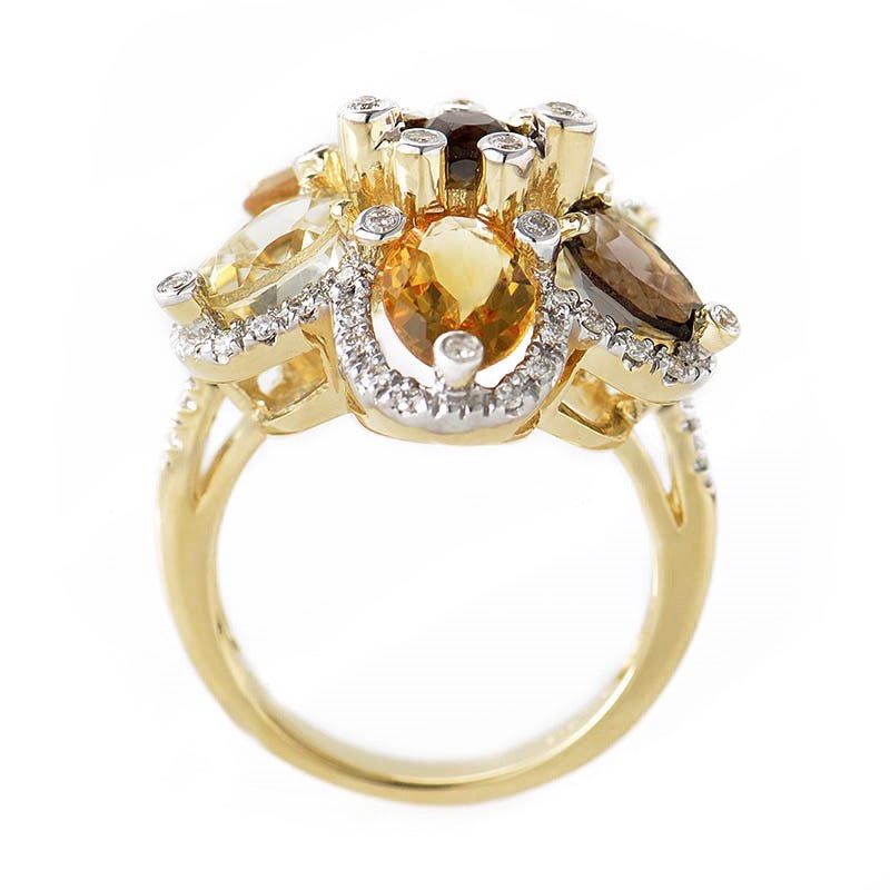 This ring from LeVian is colorful and unique. The setting is made of 14K yellow gold and boasts a flower motif made of smoky topaz and citrine. Lastly, the colored stones are accented with ~.50ct of diamonds.

Ring Size: 7.0 (54)
Retail Price: