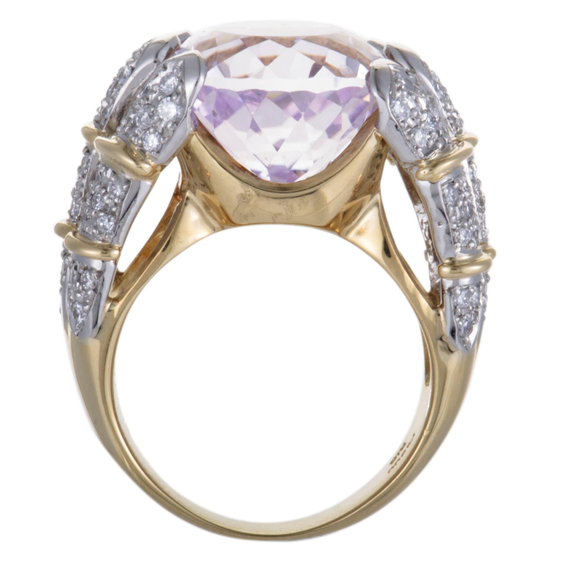 Embellished in 0.70ct diamonds and 17.35ct of magnificent kunzite stones, this superb ring embodies glamour and splendor. Stunningly crafted in a beautiful combination of 18K yellow and white gold, this attractive ring has a spellbinding