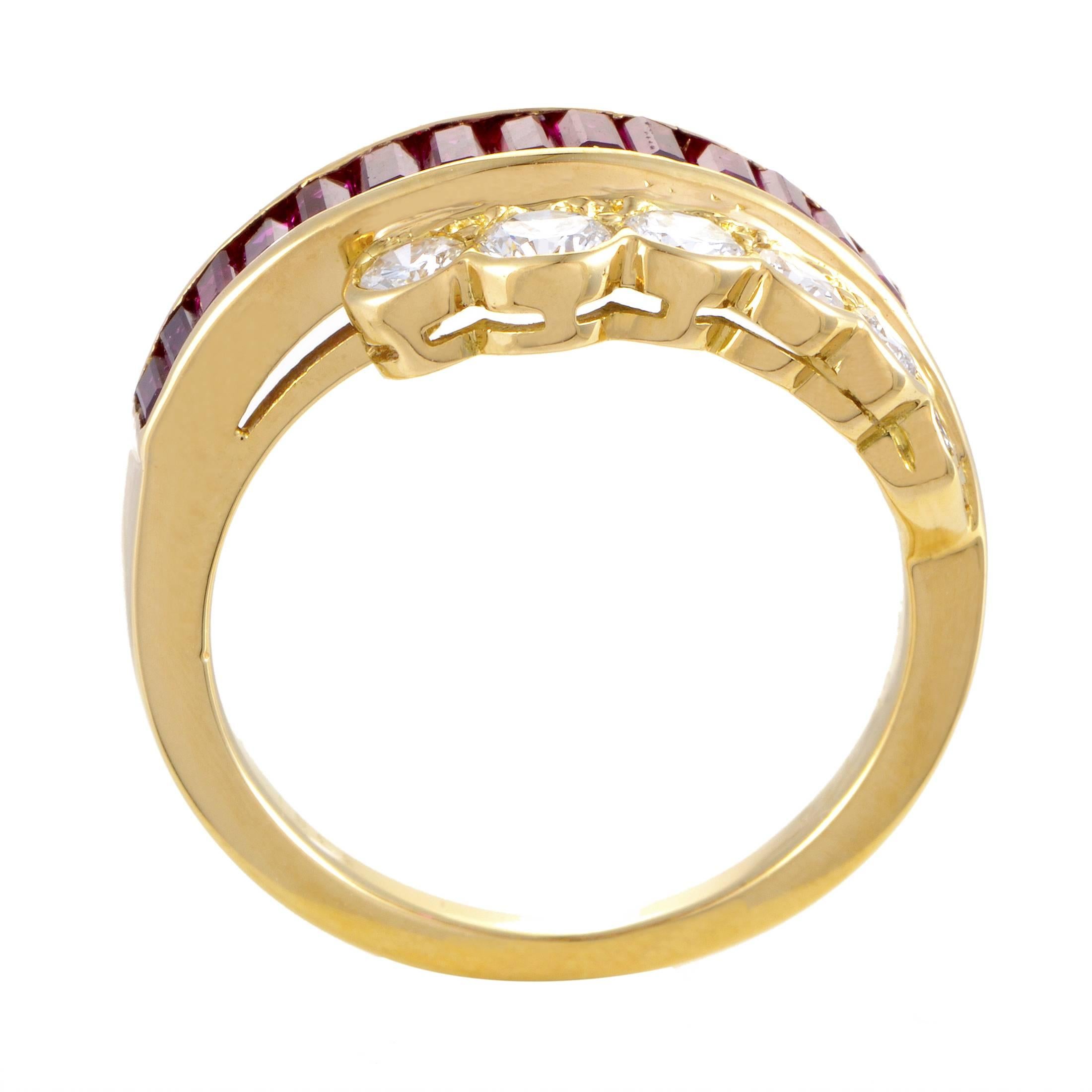 A neat arrangement of exquisitely cut rubies weighing in total 1.20 carats combines fabulously with 18K yellow gold to produce a charming allure in this gorgeous ring from Van Cleef & Arpels while F-color diamonds of VVS clarity totaling 0.80ct lend