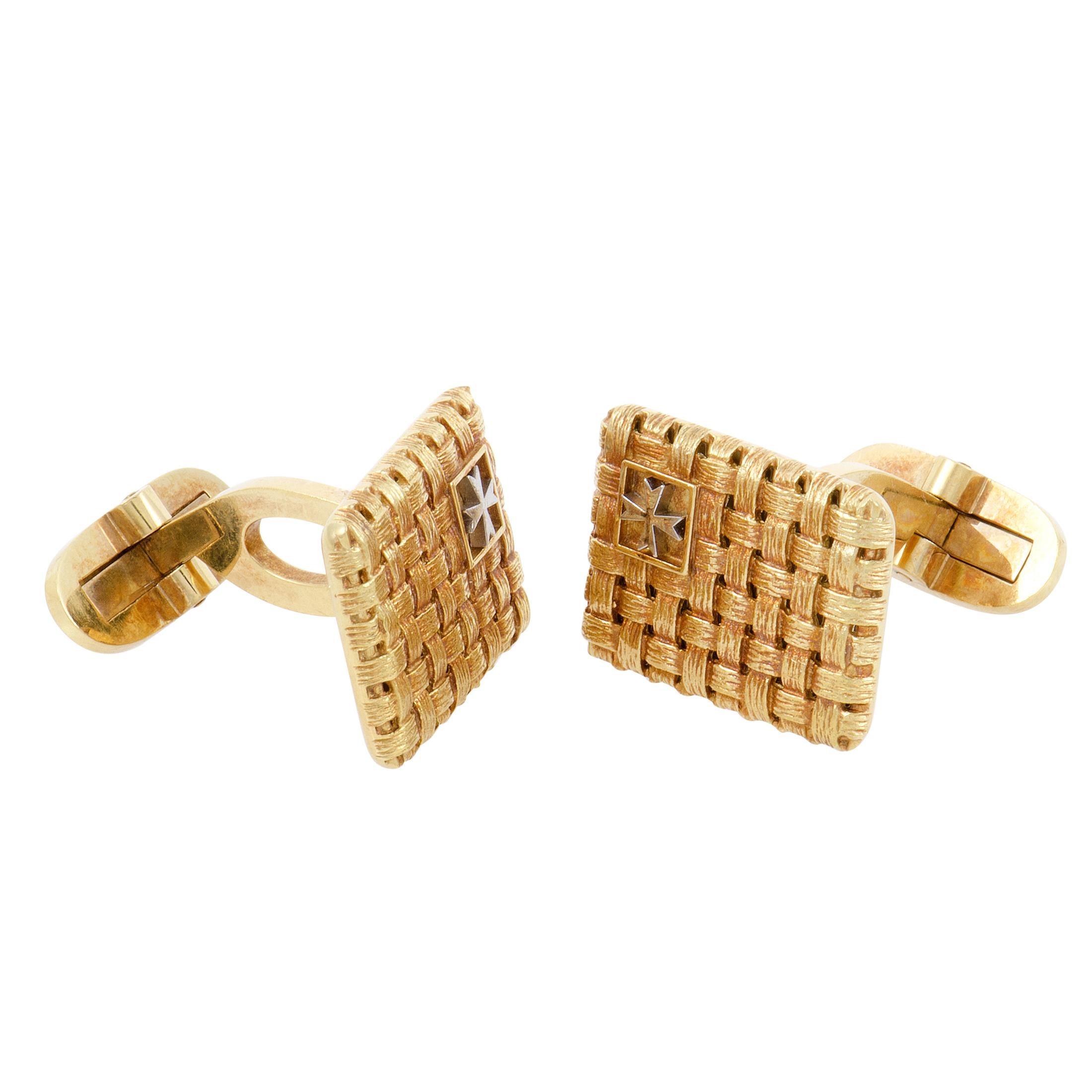 Intriguing weaved pattern is intricately crafted from prestigious 18K yellow gold, showcasing the brand's exquisite expertise while their instantly recognizable logo is done in brightly contrasting 18K white gold in these neat cufflinks from