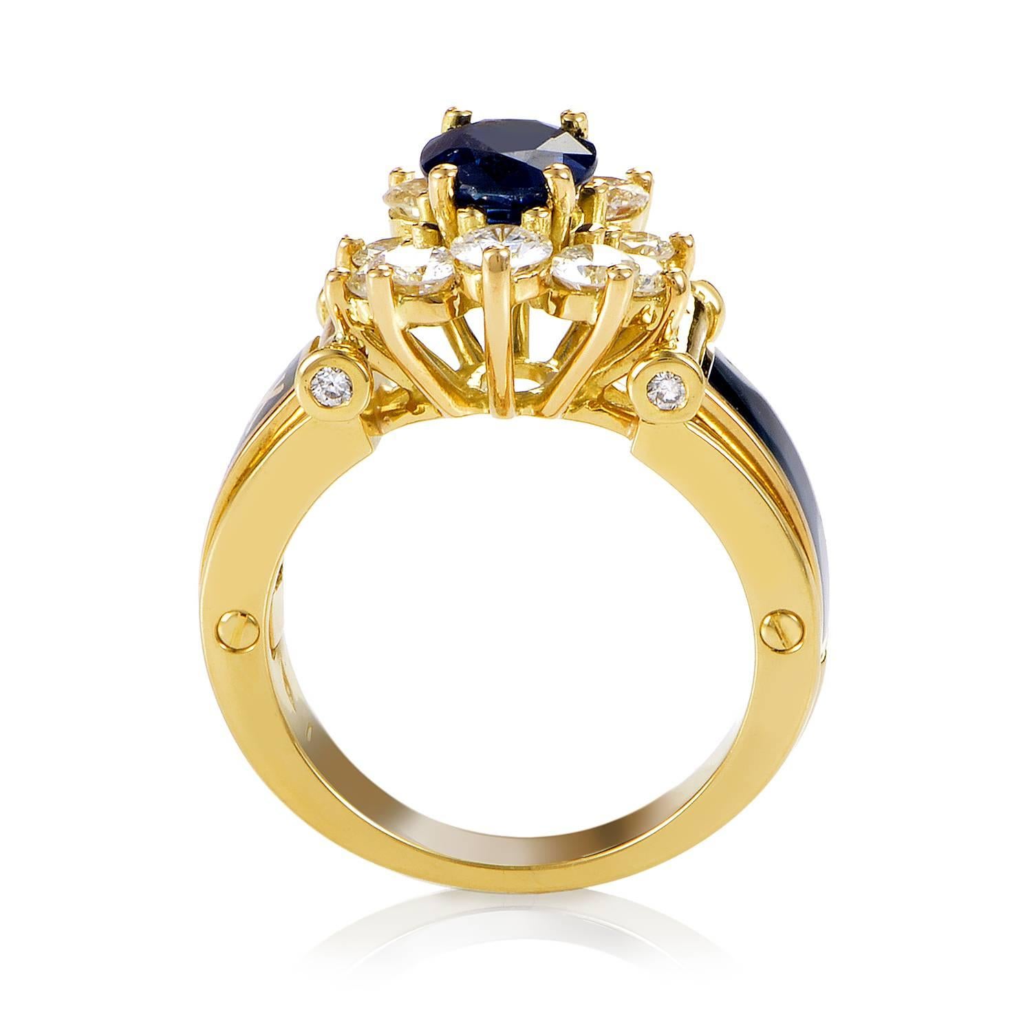 Creating a fantastic pedestal worthy of the astonishing sapphire weighing 2.00 carats nested gloriously on top, the gorgeous body of this majestic ring from Korloff is splendidly enameled to match the nuance of the gem, while sparkling diamonds