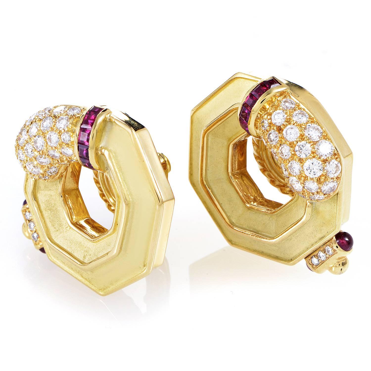 An adorable design which tastefully combines diverse materials and nuances to produce a resolutely feminine overall tone, this exceptional pair of earrings from Chaumet boasts charming 18K yellow gold, lovely rubies totaling 0.40ct and lustrous