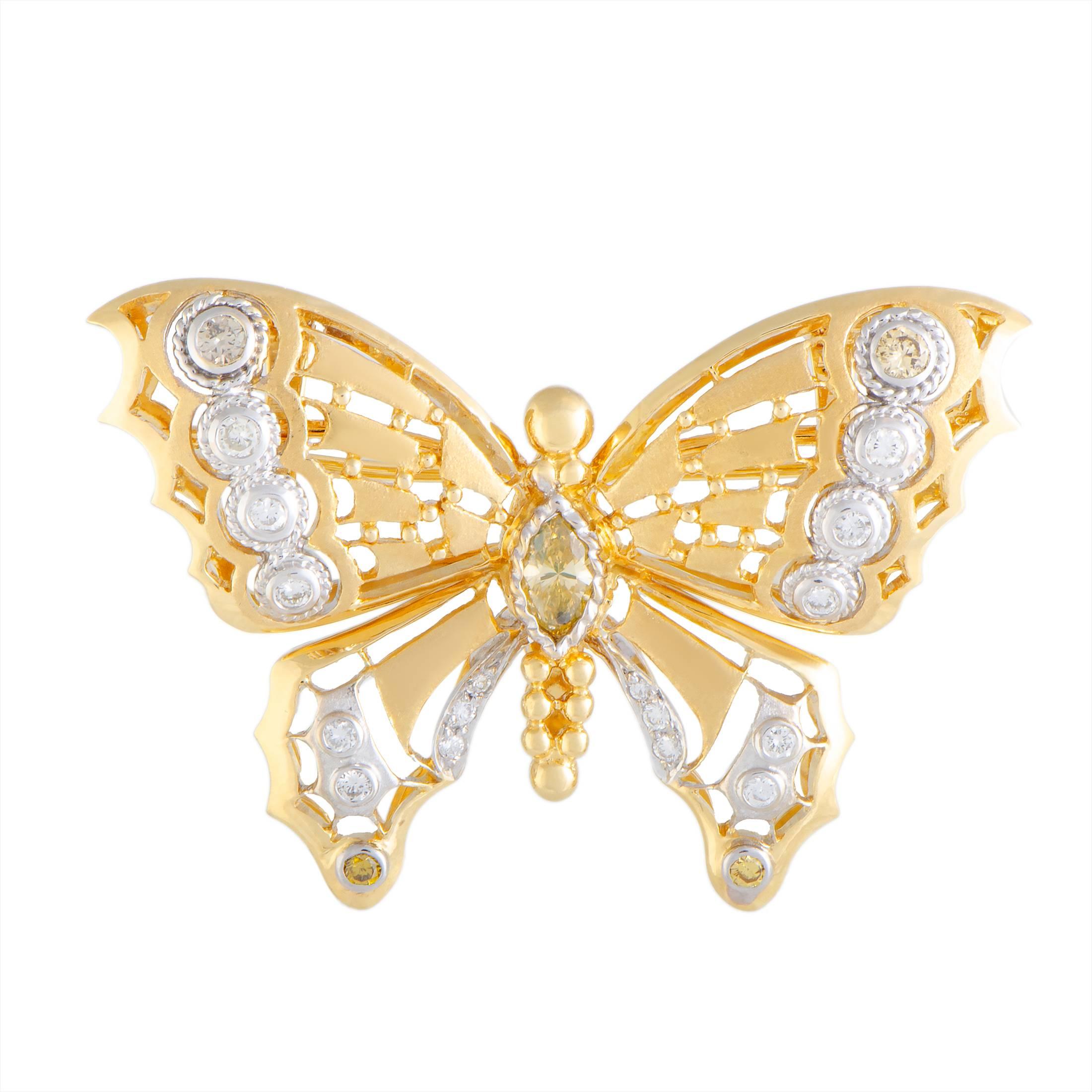 Diamond Yellow and White Gold Butterfly Brooch/Pendant In Excellent Condition In Southampton, PA