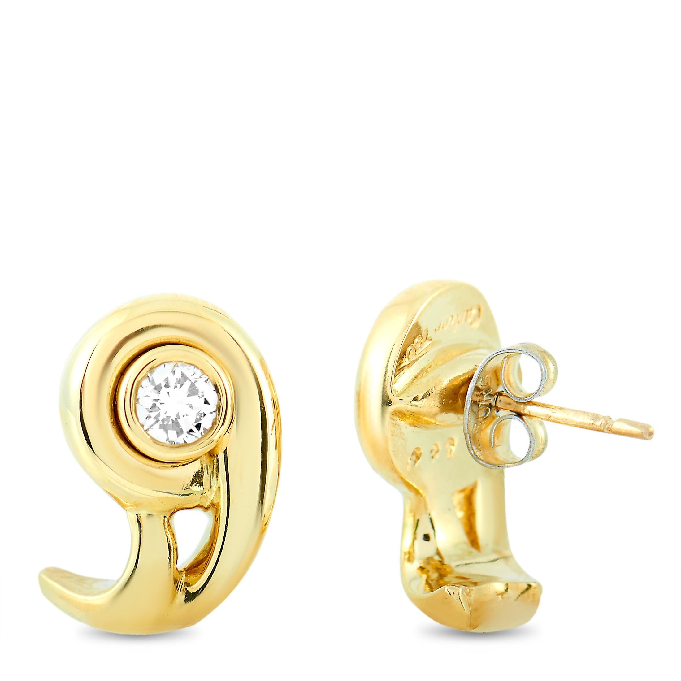 Round Cut Cartier Diamond Yellow Gold Omega Back Earrings