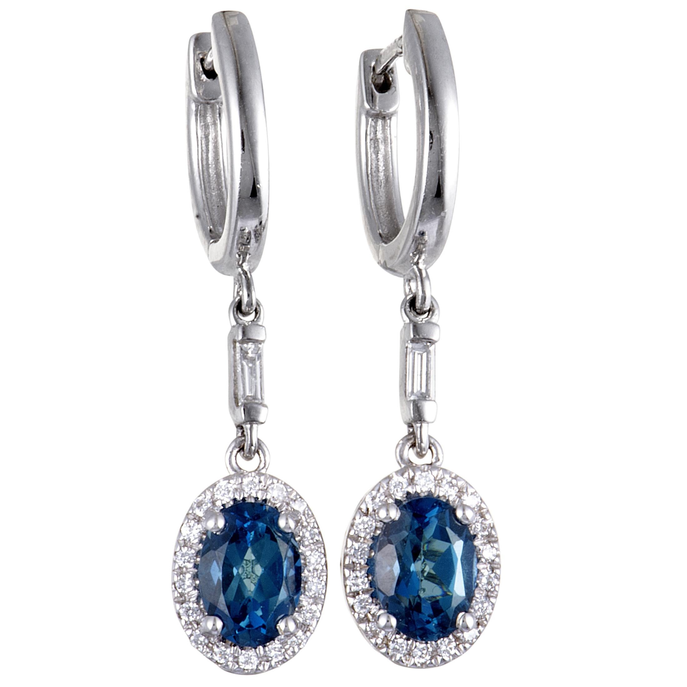 14 Karat White Gold Diamond and London Topaz Oval Dangle Snap Earrings In New Condition In Southampton, PA