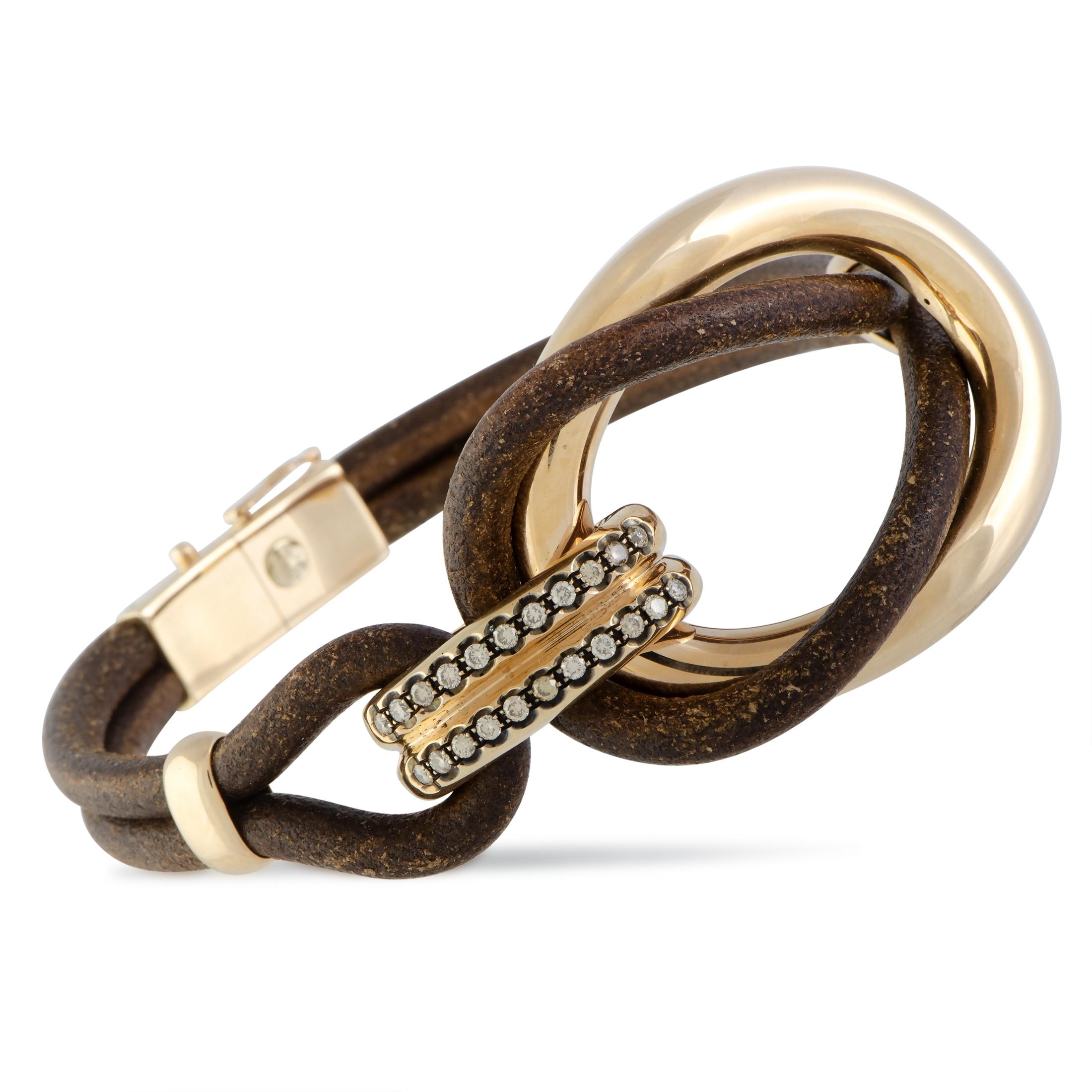 Bucherer 18 Karat Gold Brown Diamonds and Brown Leather Large Double Loop Bangle In New Condition In Southampton, PA