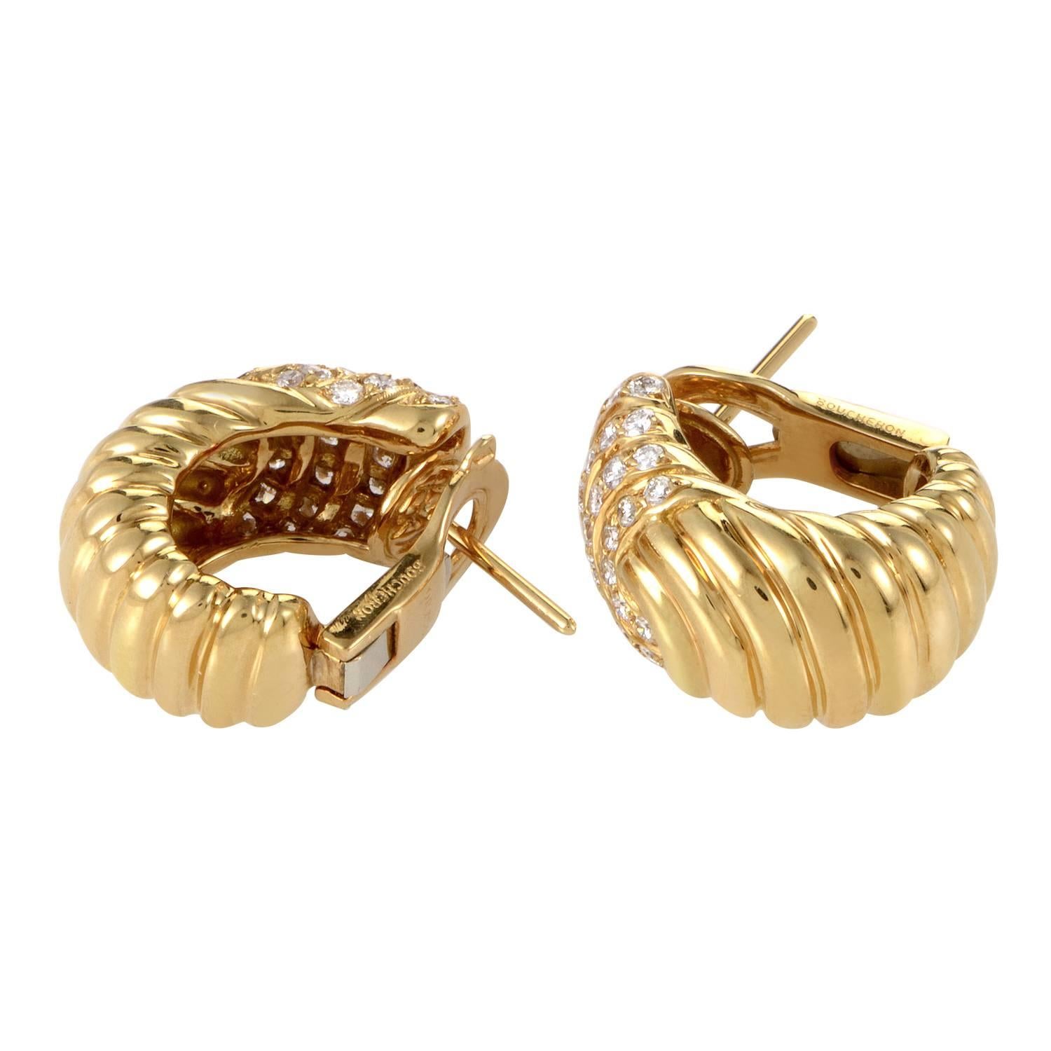 18K yellow gold is expertly forged into fluid ripples. Churning within these precious pools are streams of 1.60ct diamonds. These magnificent and unique Boucheron earrings come with their own box from the manufacturer.