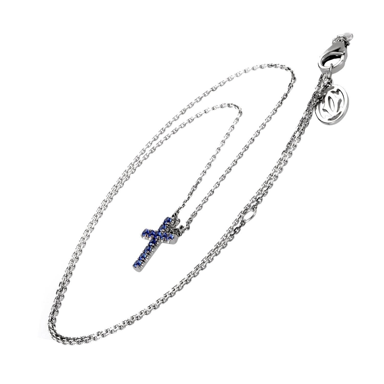 A cross motif retains a stoic dignity while getting the perfect sprinkling of precious stones to exemplify the Cartier standard of taste and luxury. Rendered from 18K white gold, this classic symbol of strength, hope and faith this pendant shimmers