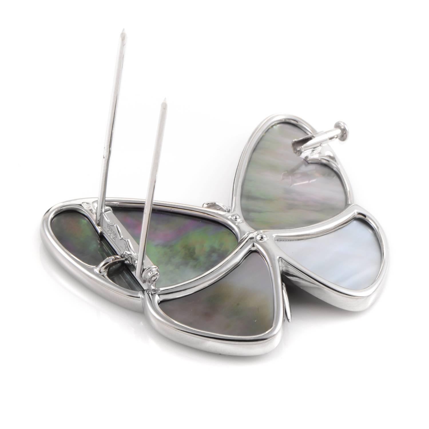 Mother of pearl wings expand their fanning magnificence on the strength of 18K white gold and the gleam of diamonds that make up the butterfly's precious body. Its bold and whimsical presence combines the inherent fragility of a butterfly with the