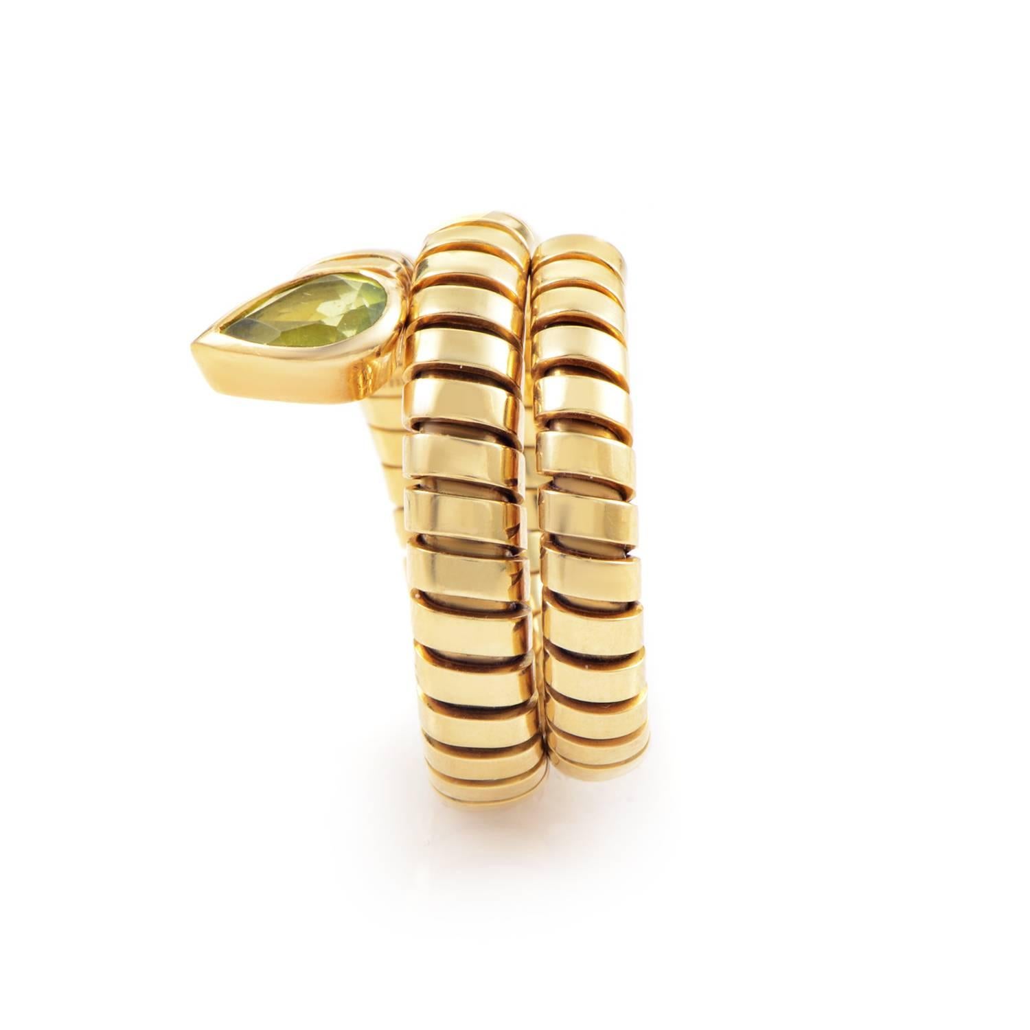 Bulgari Tubogas Peridot Gold Ring In Excellent Condition In Southampton, PA