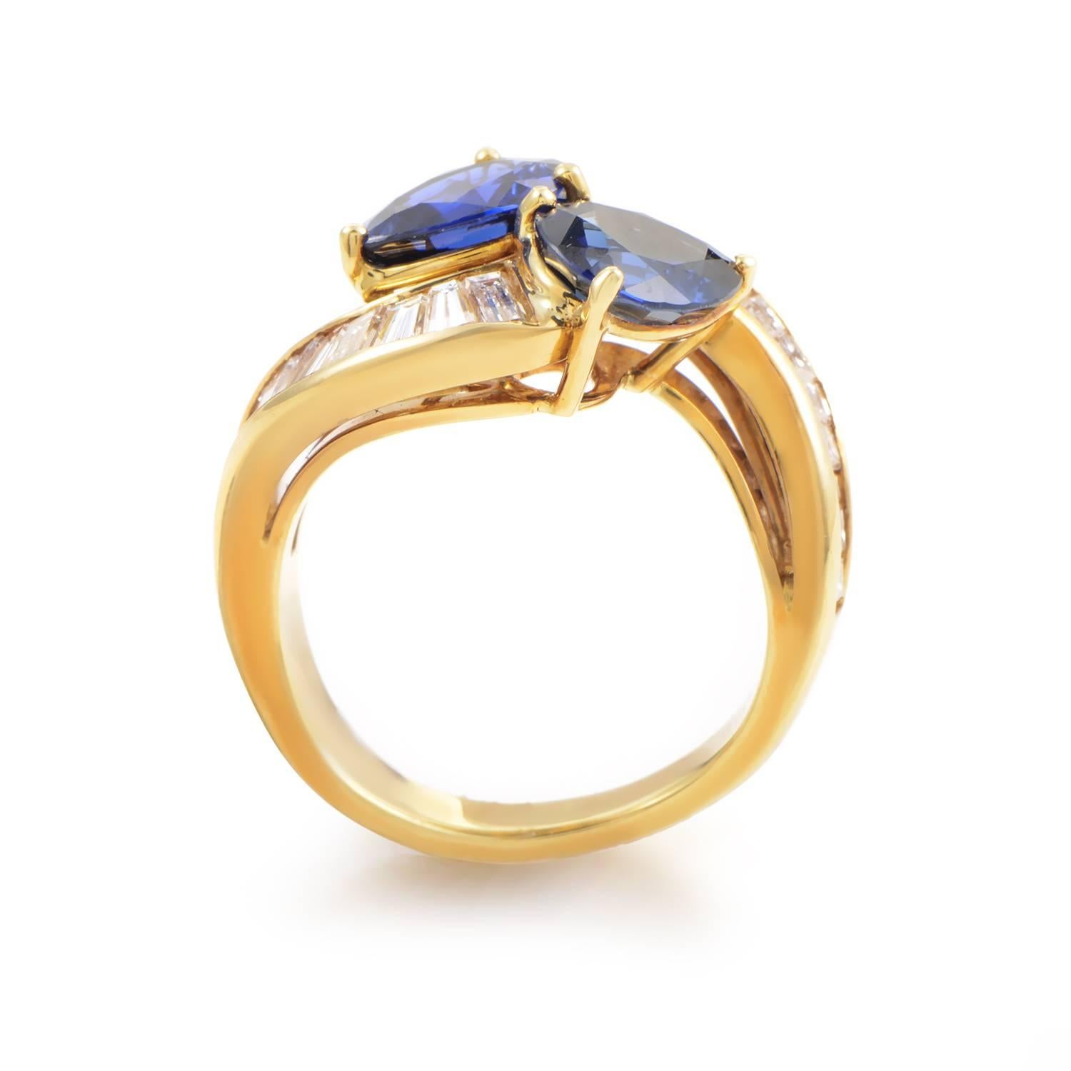 A gorgeous design from Graff enchants with the duet of sparkling stones. 18K yellow gold rises with fluid rhythm, it dual reach entwining with intimacy like dancers in a heated tango. The supple spine of each dancer is comprised of 1.50ct of